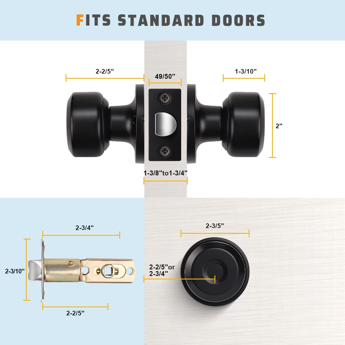 Modern Matte Black Door Knob Set - 2 Pack Classic Passage & Closet Knobs with Concealed Screws for Hallway, Bedroom & Interior Doors | Durable Hardware for Home Improvement & DIY Projects