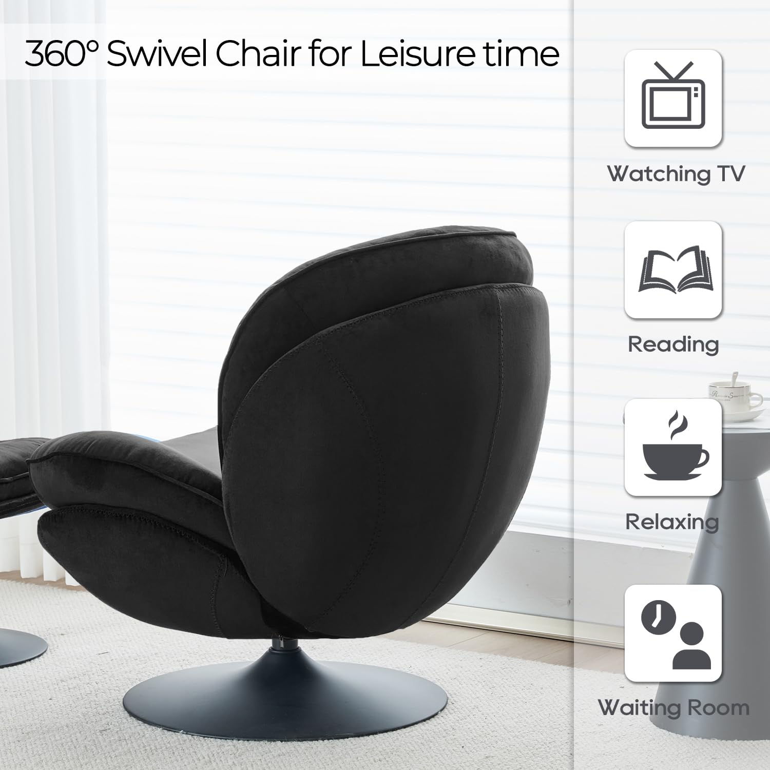 Velvet Swivel Accent Chair with Ottoman Set - Modern Tufted Armchair & Footrest for Living Room, Bedroom & Office - 360 Degree Rotating Lounge Chair for Reading, TV Watching & Relaxing - Soft Chaise Lounge Chairs for Adults (Black) - Perfect for Small Spaces, Apartments & Home Decor