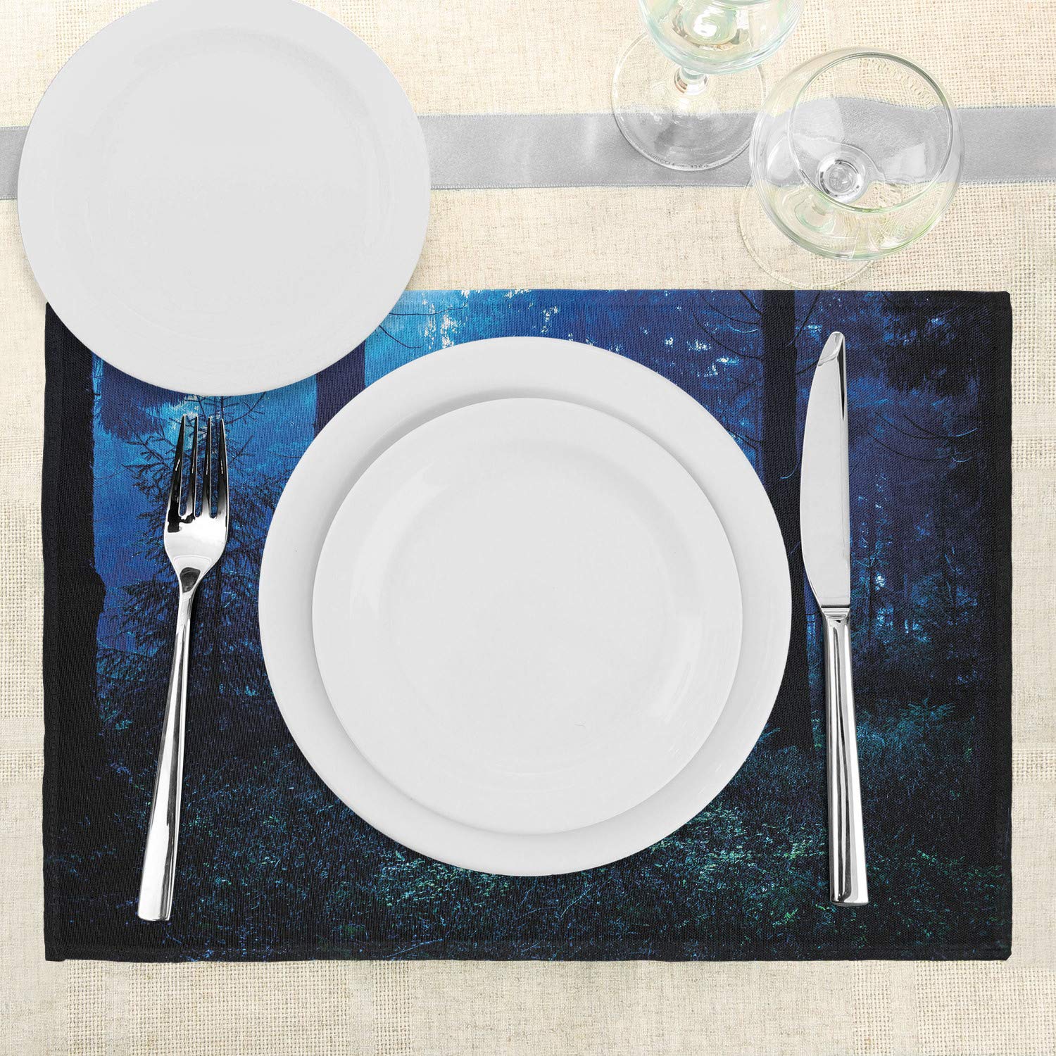 Ambesonne Set of 4 Washable Fabric Placemats - Misty Autumn Forest in Thuringia Germany, Blue Green White Nature Design for Dining Table & Kitchen Decor | Perfect for Fall Dinner Parties, Holiday Gatherings & Cozy Family Meals
