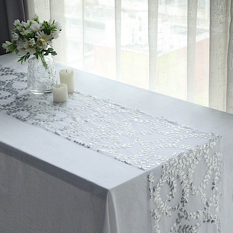 12x108 Inch Embroidered Tulle Table Runner with Leaves Vines and Sequins - Elegant Wedding Reception Decor, Party Table Cover, Dining Room Centerpiece