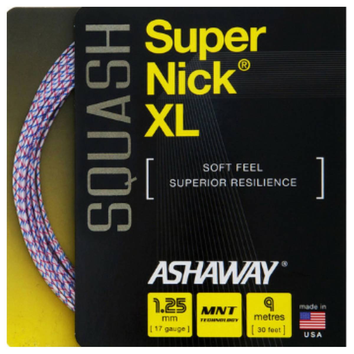 Ashaway SuperNick XL 17 Squash String - High Performance Racquet String for Squash Players (White/Blue/Red) | Perfect for Competitive Play & Training Sessions