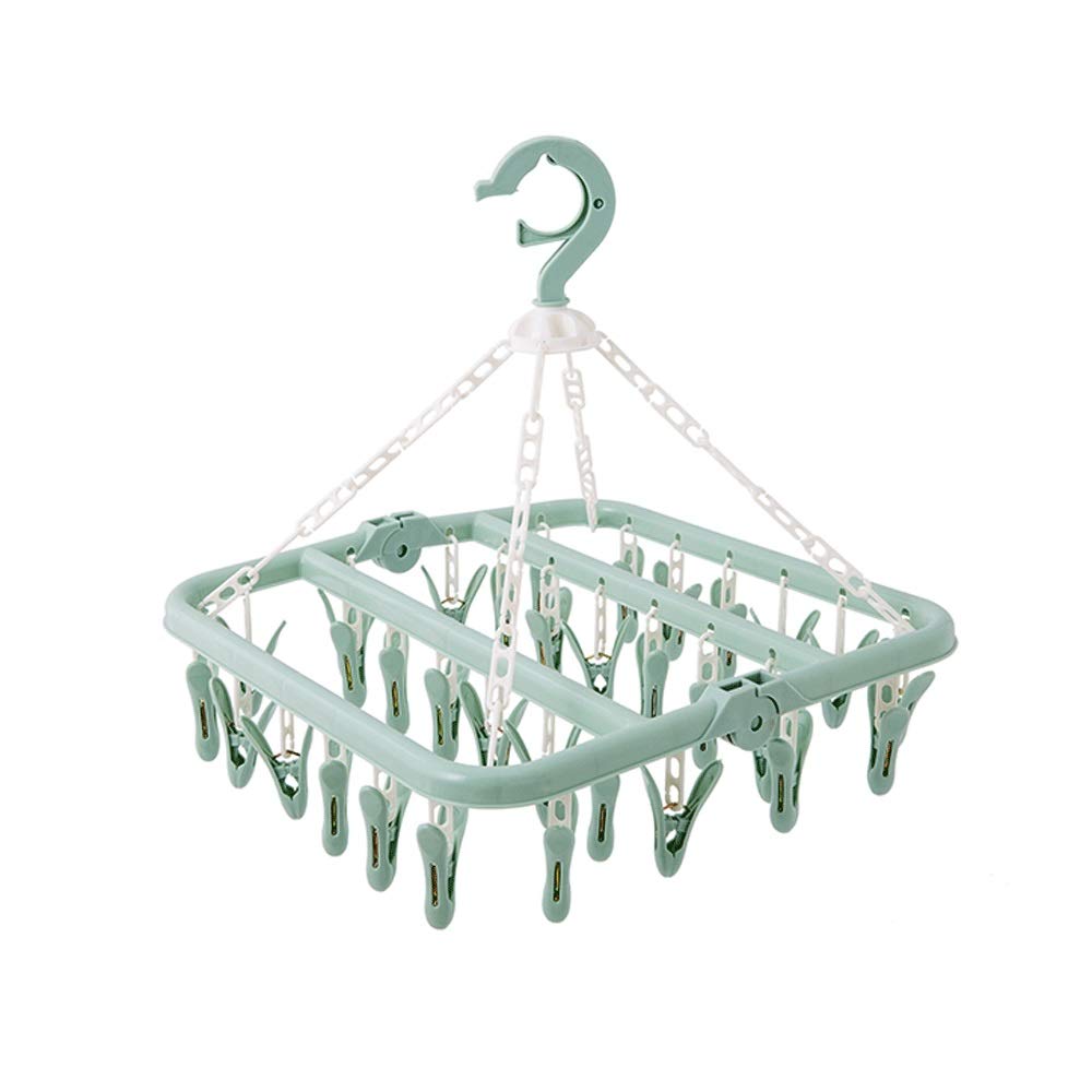 32-Pack Foldable Clothes Hanger with Clips - Windproof Laundry Drying Rack for Socks, Underwear & Baby Clothes | Space-Saving Green Garment Organizer for Home, Apartment & Travel Use
