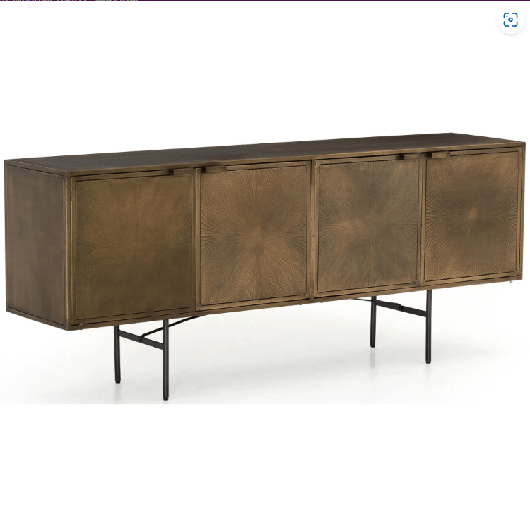 Vintage Sunburst Antique Brass Buffet Table - Handcrafted Metal Sideboard with 4 Doors | Perfect for Dining Room Storage & Rustic Home Decor