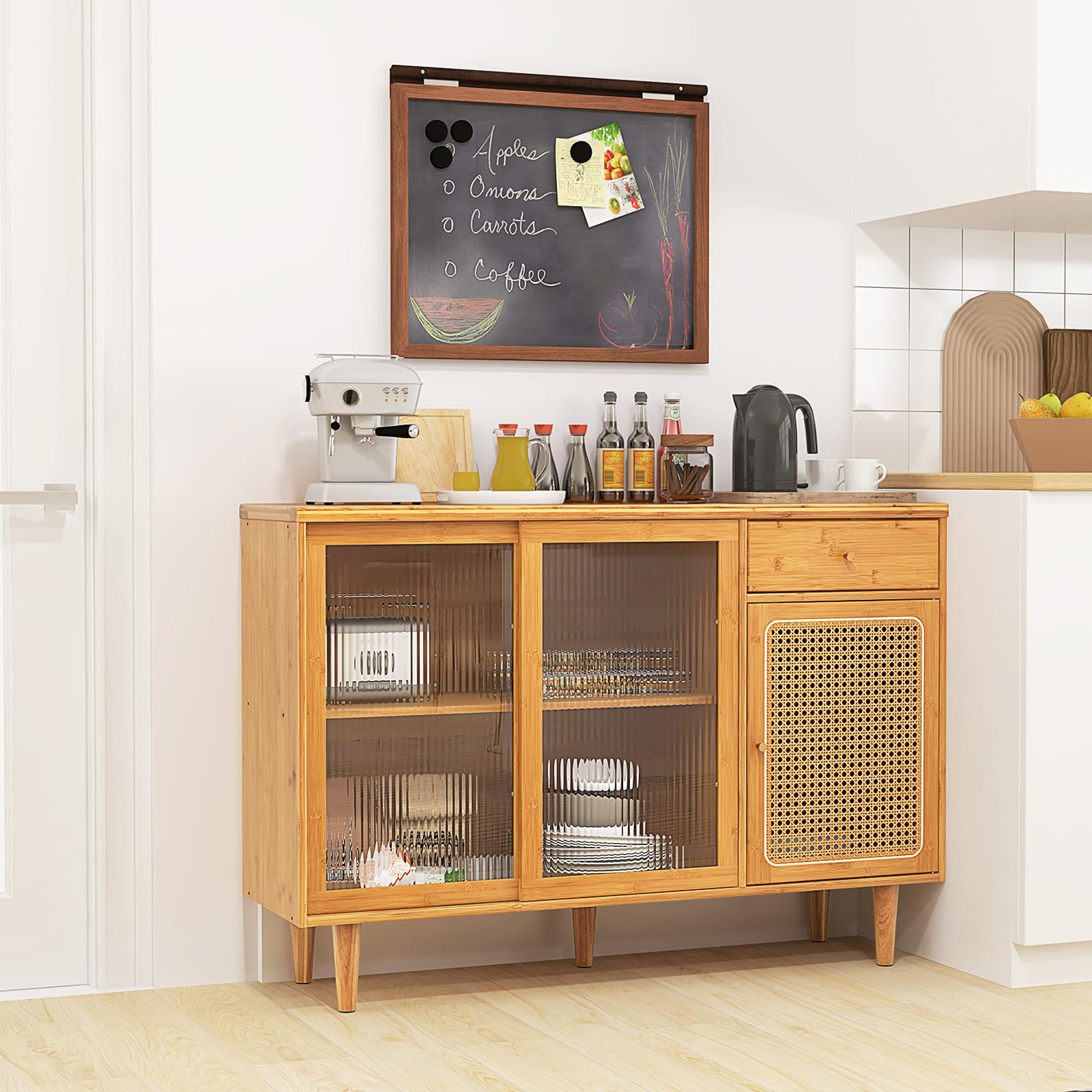 Giantex Bamboo Buffet Cabinet with Storage - Farmhouse Style Sideboard with Drawers & Rattan Glass Doors - Kitchen Cupboard, Entryway Console Table for Dining Room, Coffee Bar - Perfect for Home Decor, Entertaining & Storage Solutions