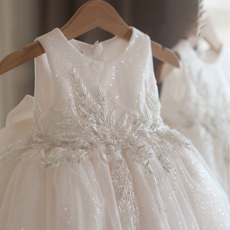 Elegant White Lace and Sequin A-Line Flower Girl Dress for Weddings, Baptisms & Special Occasions