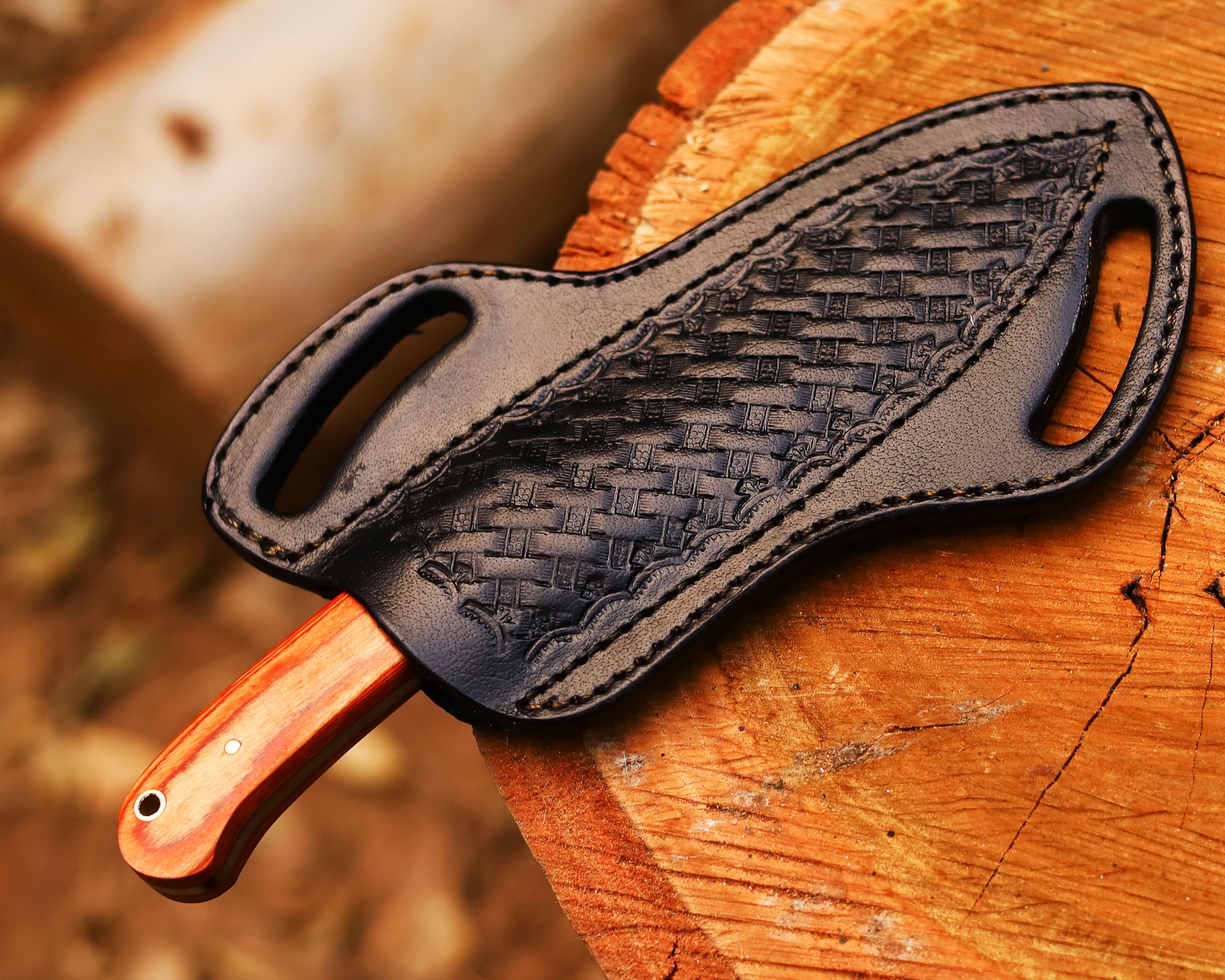 Premium Leather Knife Sheath for Belt - Handcrafted Slanted Pancake Sheath with Western Tooling | Fits 4-6