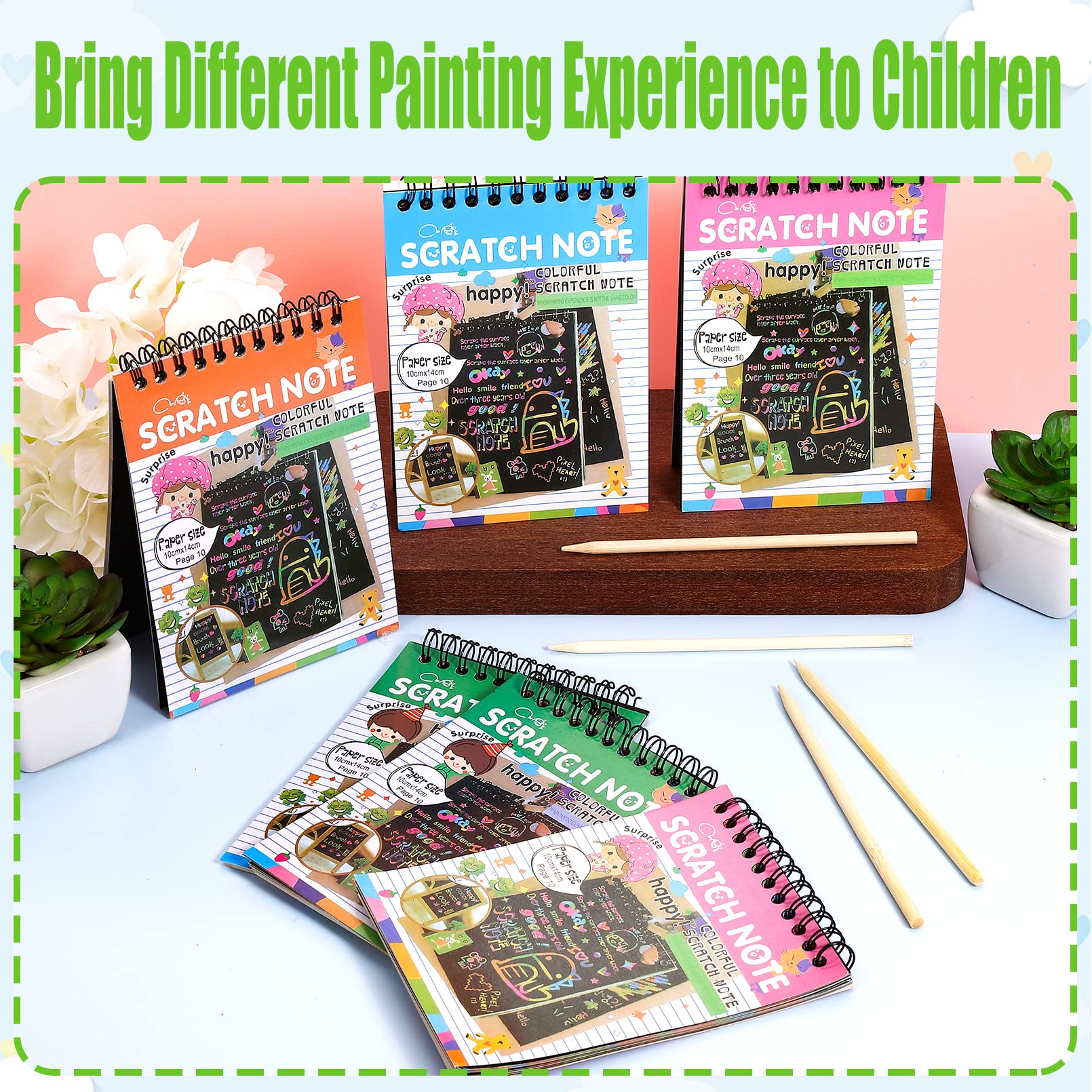 10 Pack Rainbow Scratch Notebooks for Kids - Color Reveal Art Pads with Wooden Stylus - Creative Arts & Crafts Activity for Birthday Parties, Classroom Projects & Travel Entertainment