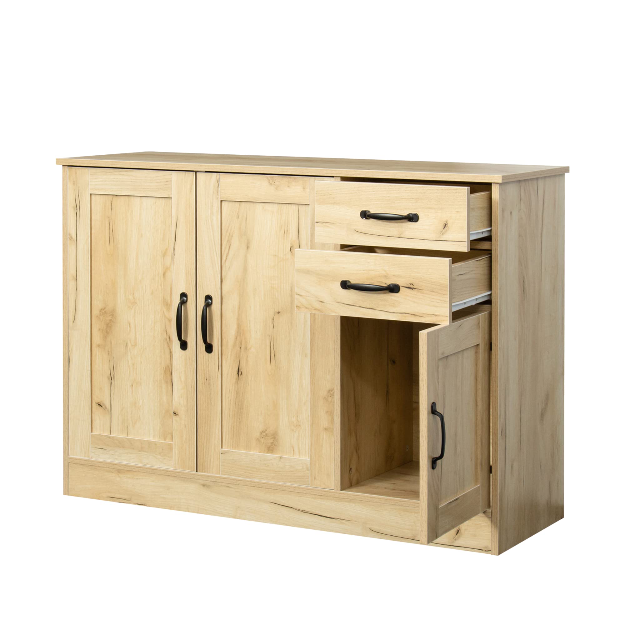 Modern Oak Buffet Sideboard with Metal Handles - 2 Door Storage Cabinet with Adjustable Shelf & 2 Drawers - Elegant Console Table for Dining Room, Living Room or Entryway Storage Solution