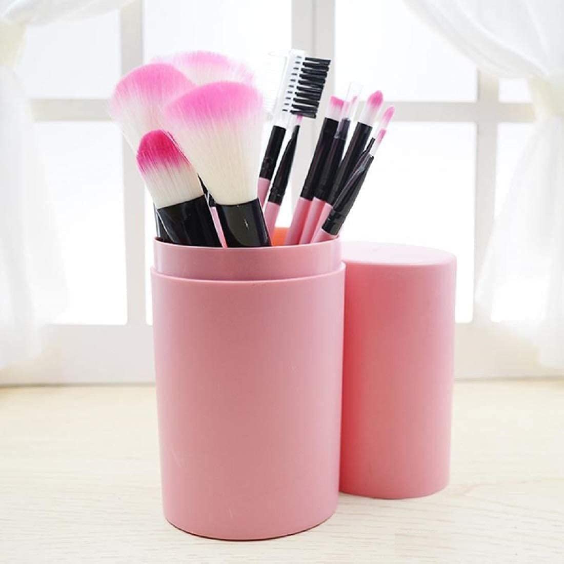 ZYCOFORD 12-Piece Makeup Brush Set with Storage Barrel - Soft Pink Vegan Brushes for Foundation, Blush, Eyeshadow & More - Perfect for Travel & Professional Makeup Artists