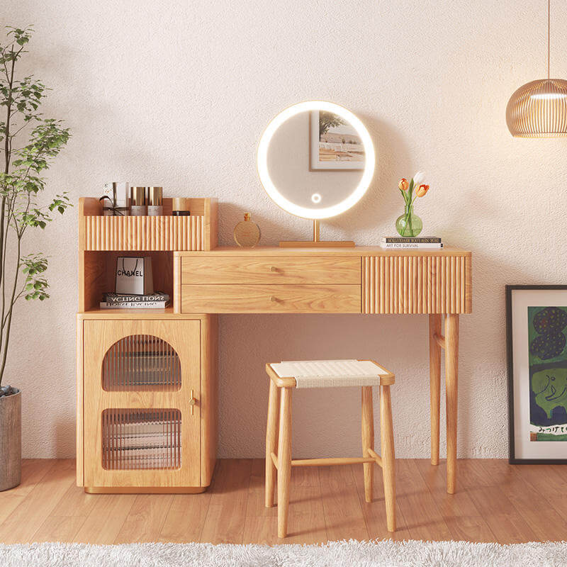 Stylish Wooden Vanity Table with Open Storage, Drawers & Cabinet - Perfect for Bedroom, Dressing Room & Makeup Studio