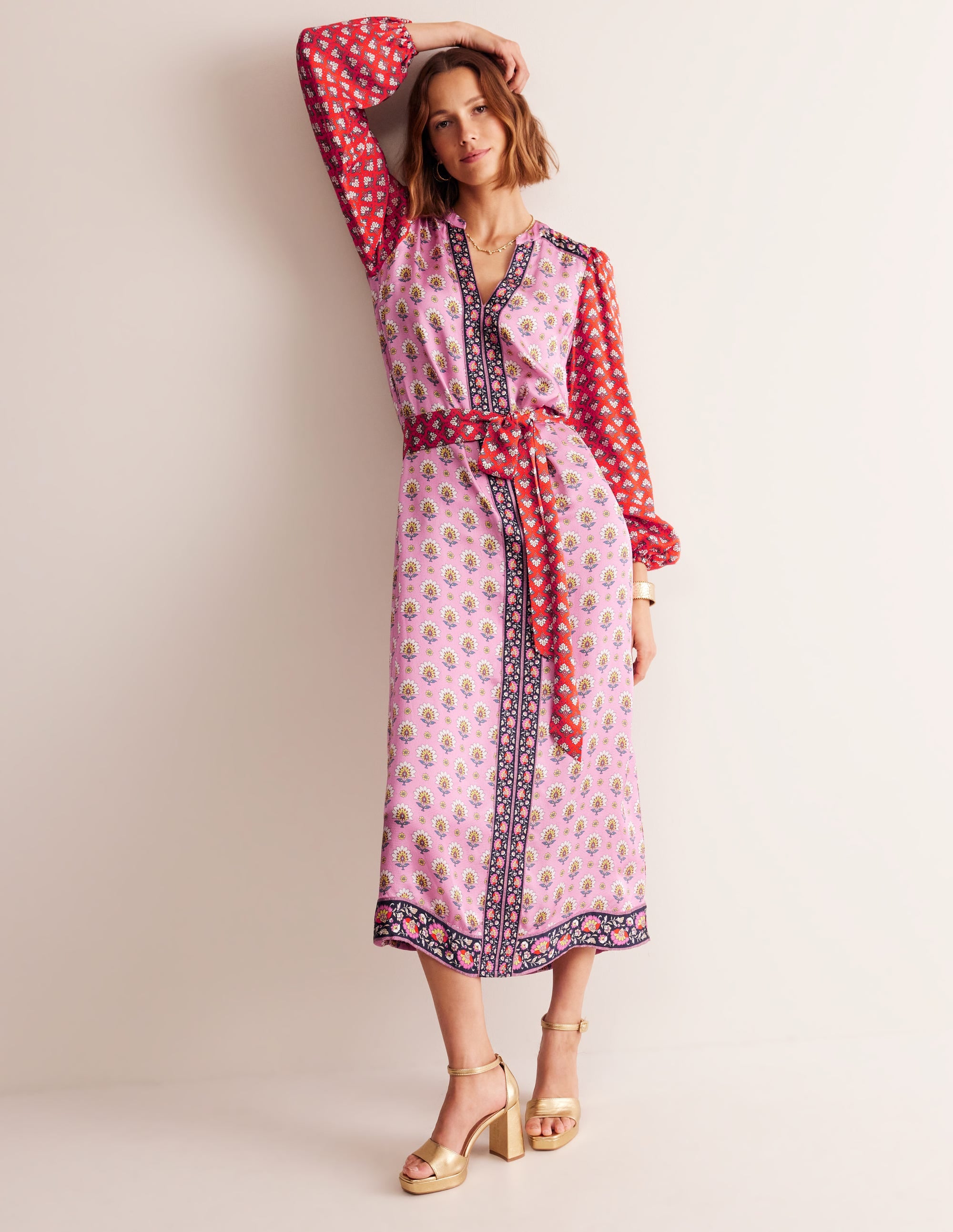 Belted Hotch Maxi Dress in Cashmere Rose with Passion Geo Print - Elegant & Comfortable for Parties, Weddings & Special Occasions