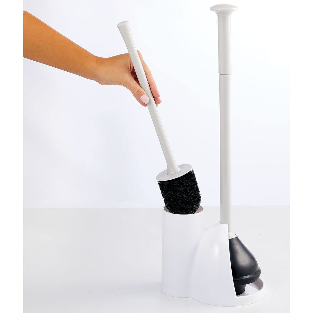 mDesign Hidden Toilet Plunger and Brush Set with Holder - Modern Bathroom Cleaning Combo for Toilet Bowl - Aura Collection in White/Light Gray - Perfect for Small Bathrooms & Tight Spaces