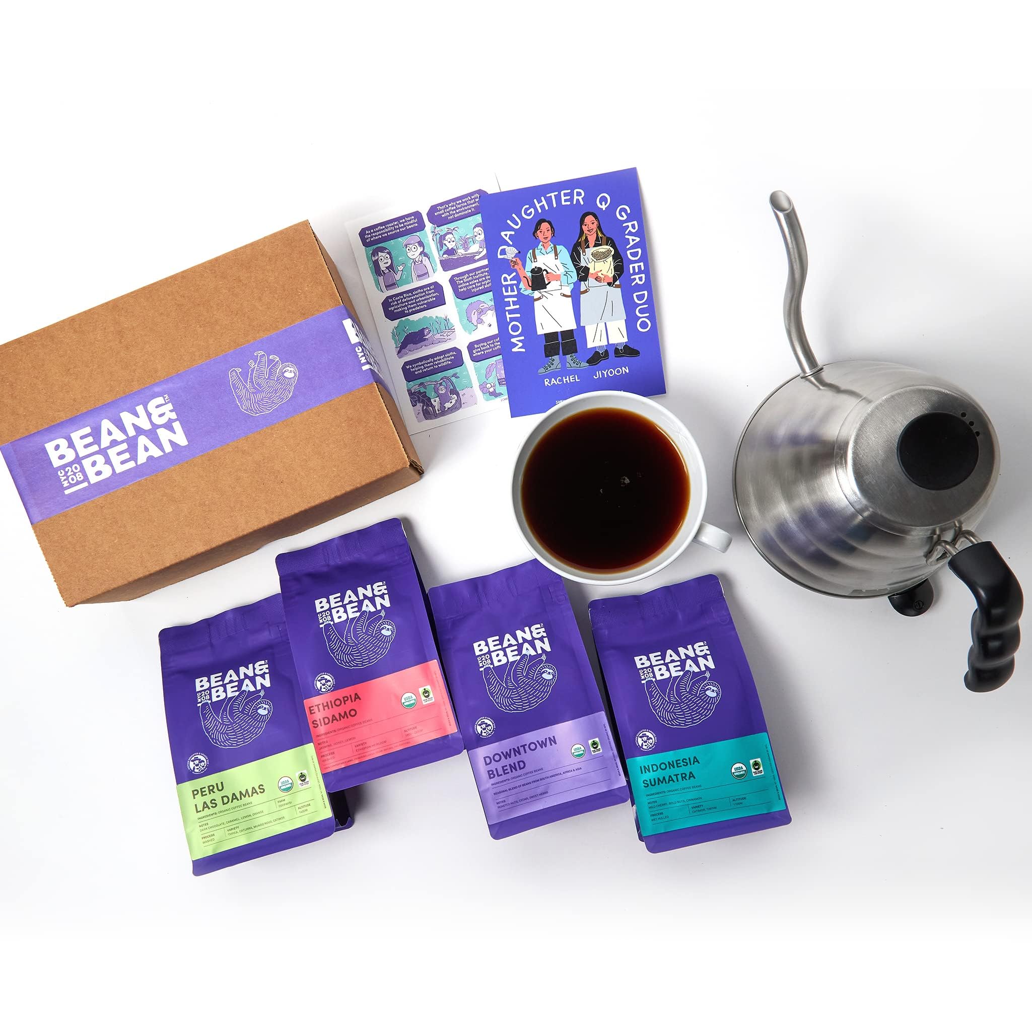 Bean & Bean Around the World Coffee Gift Set - 4 Organic Fair Trade Single Origin Coffee Samplers (4 x 4oz Ground Coffee) - Medium Roast Global Coffee Basket - Perfect for Coffee Lovers, Housewarming Gifts & Office Treats