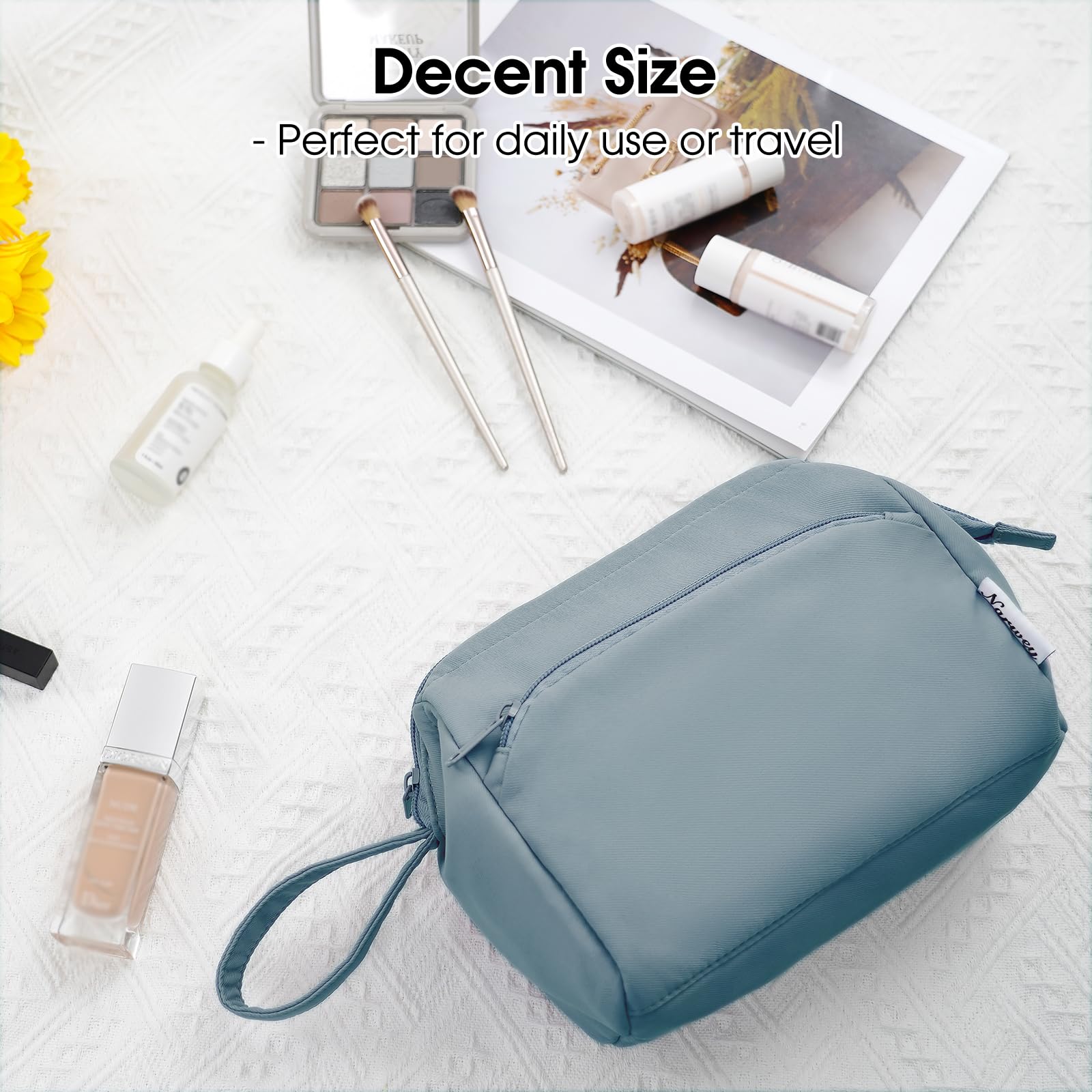 Narwey Large Open Makeup Bag for Women - Travel Cosmetic Organizer & Toiletry Pouch for Cosmetics, Brushes, Skincare Essentials (Grey Blue) - Perfect for Travel, Gym, Daily Use & Gift Giving