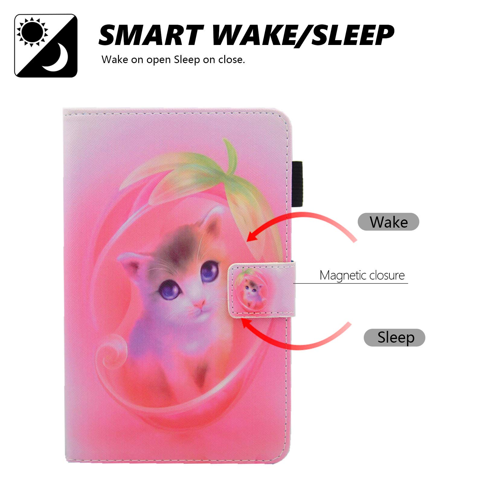 Dteck Protective Case for Amazon Kindle Fire 7 Inch Tablet (9th/7th/5th Gen, 2019/2017/2015) - Multi-Angle Stand Smart Wallet Cover with Auto Wake/Sleep - Pink Cat Design - Perfect for Reading, Travel & Home Use