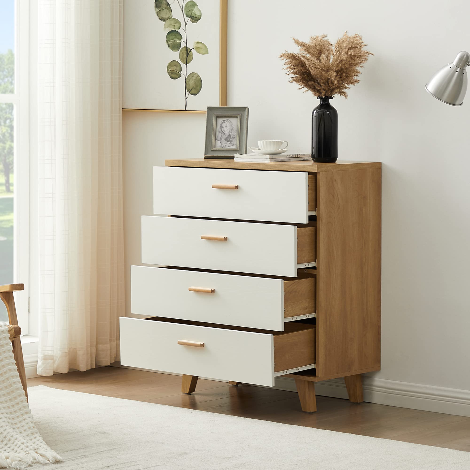 ZEROFEEL Modern 4-Drawer Storage Cabinet with Solid Wood Handles - Rosewood Finish Organizer for Living Room, Bedroom, Office & Hallway - Perfect for Storing Blankets, Books & Home Decor