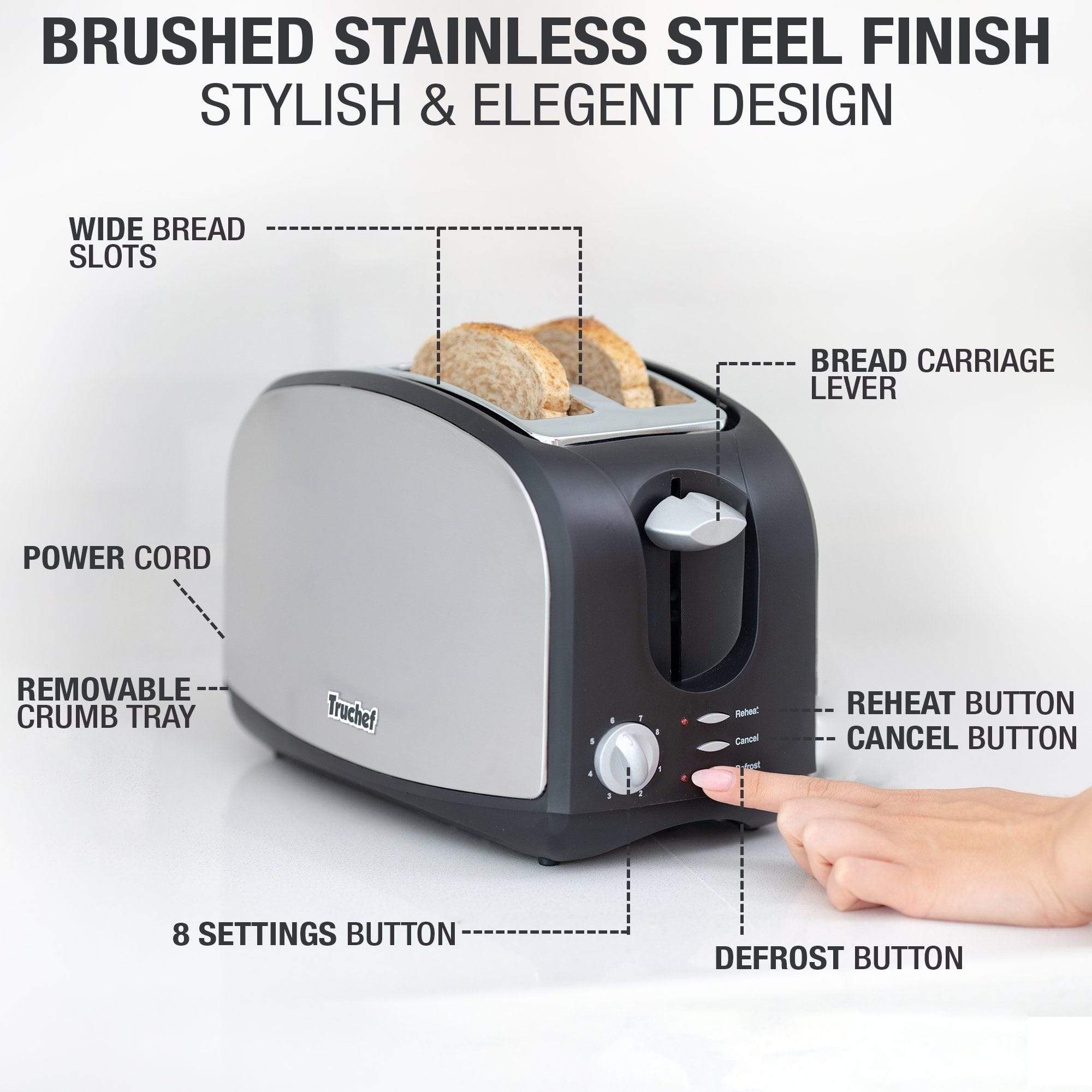 Truchef USA 4-Slice Toaster 5001 - Stainless Steel, Wide Slots, Bagel & Defrost Functions - Perfect for Breakfast, Office, and Dorm Room Use