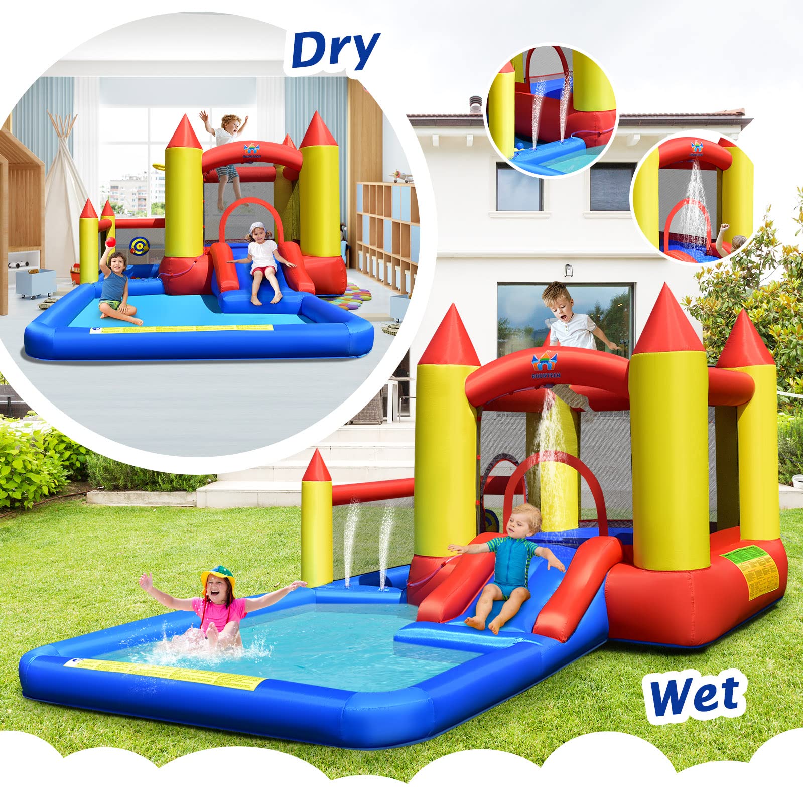 BOUNTECH Inflatable Water Bounce House with 480W Blower - Giant Waterslide Park for Kids & Adults, Splash Pool, Wet & Dry Outdoor Play - Perfect for Backyard Parties, Summer Fun, and Birthday Gifts