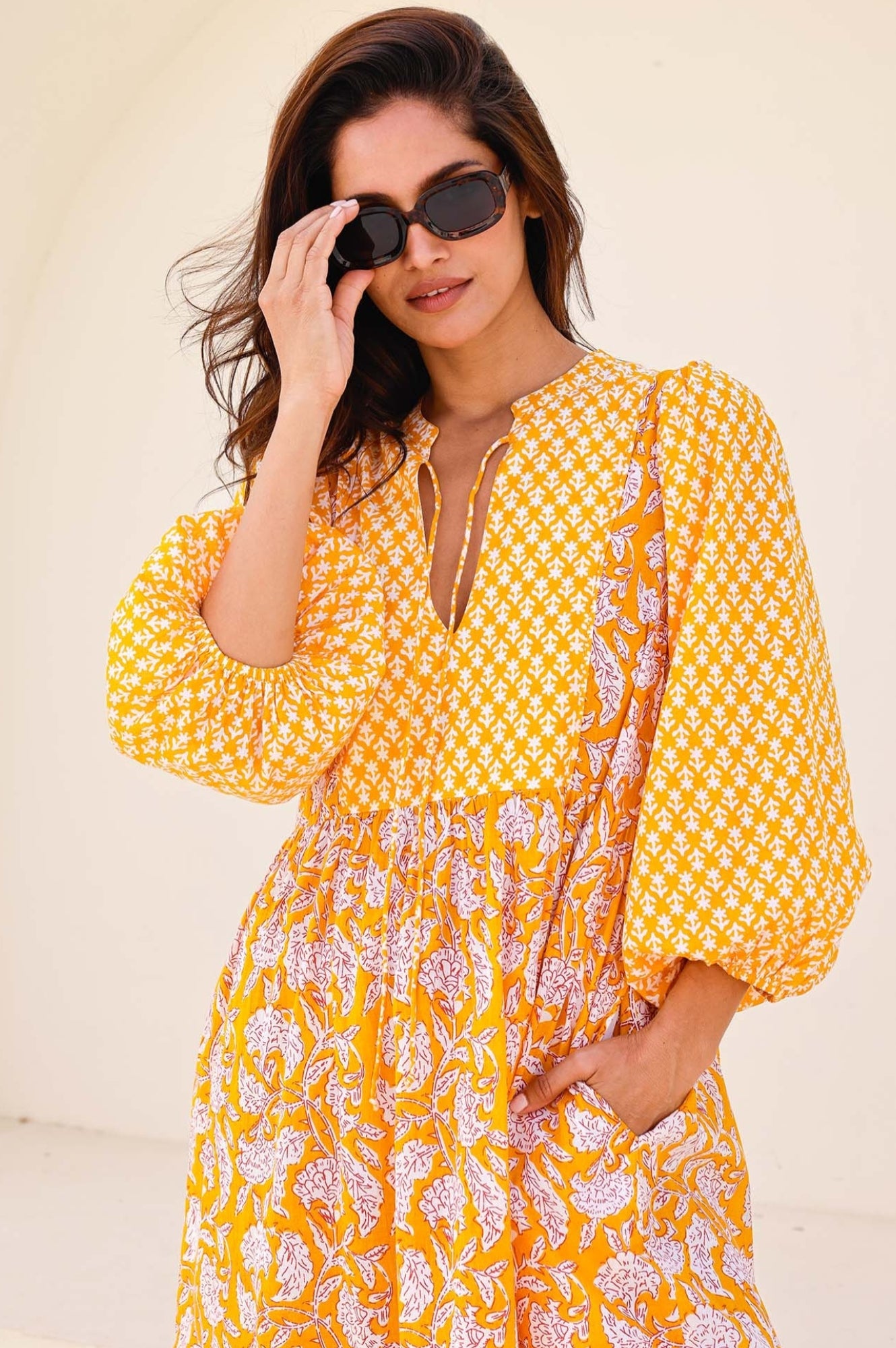 Martha Organic Cotton Mix Print Dress | Dianthus Print Yellow/White Floral Summer Dress for Women - Perfect for Beach Vacation, Garden Party & Casual Outings