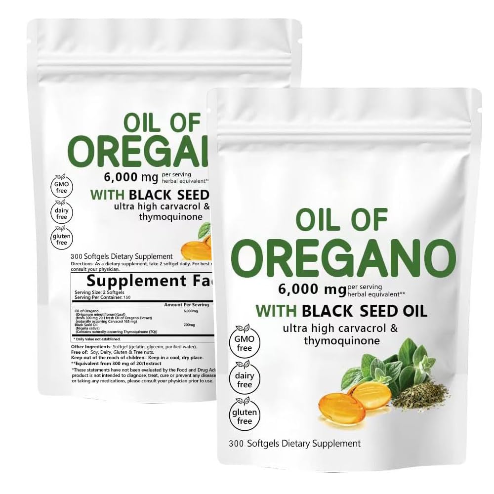 Oil of Oregano Softgels 6000mg with Black Seed Oil 200mg - 300 Capsules | 2-in-1 Oregano Oil Supplement for Immune Support & Digestive Health | Perfect for Daily Wellness & Travel