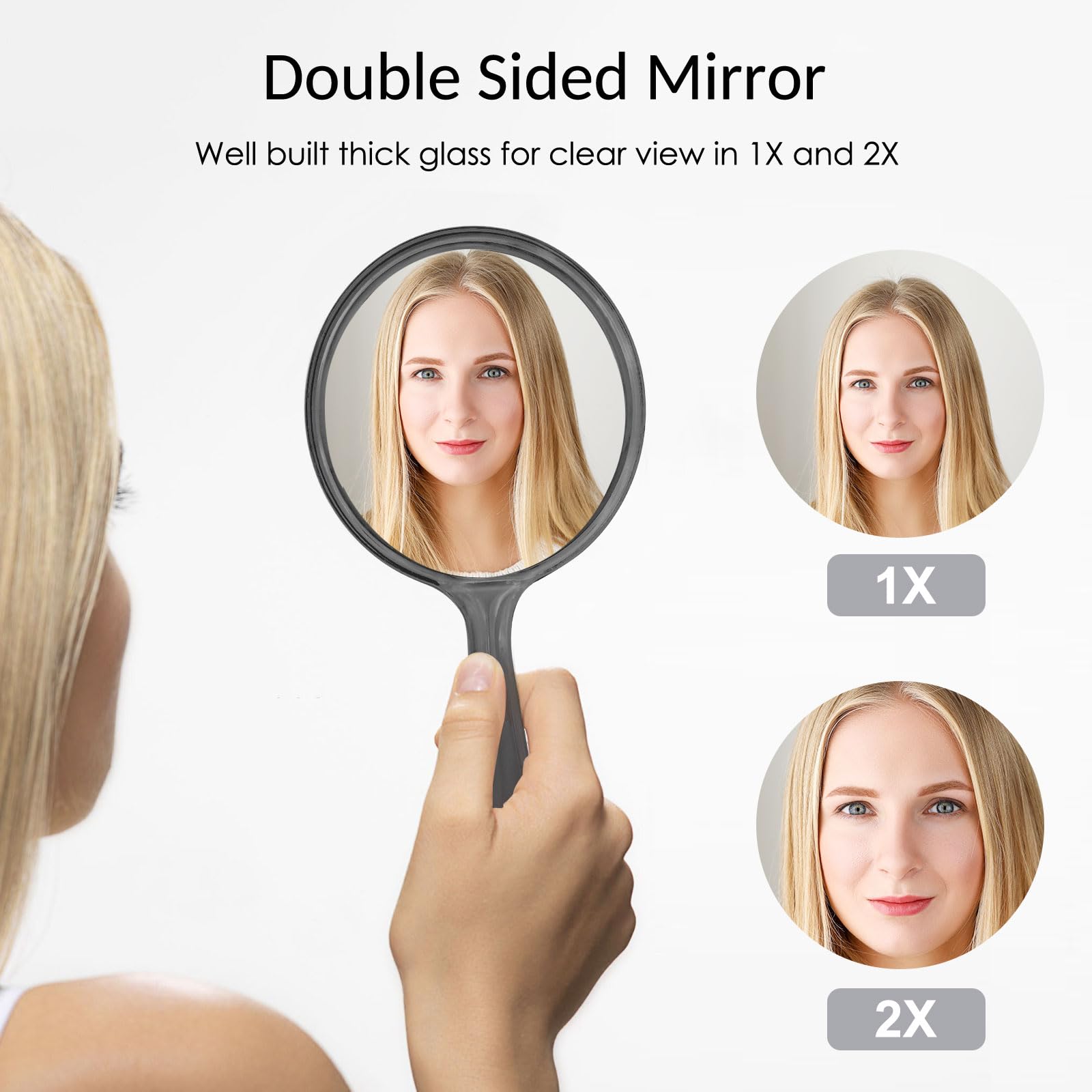 Double Sided Handheld Mirror with 1X/2X Magnification - Round Makeup Mirror with Comfortable Handle - Perfect for Beauty Routine, Travel & Vanity (Black)