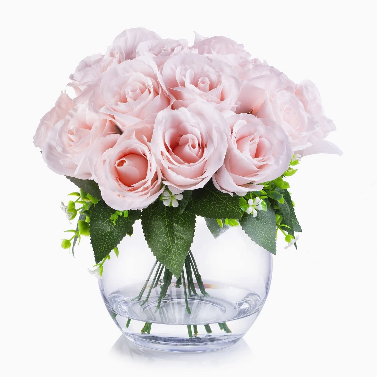 ENOVA HOME Silk Open Rose Flower Arrangement in Round Glass Vase with Faux Water - Elegant Pink Artificial Flowers for Wedding Centerpieces, Home Decor, Party & Table Decoration