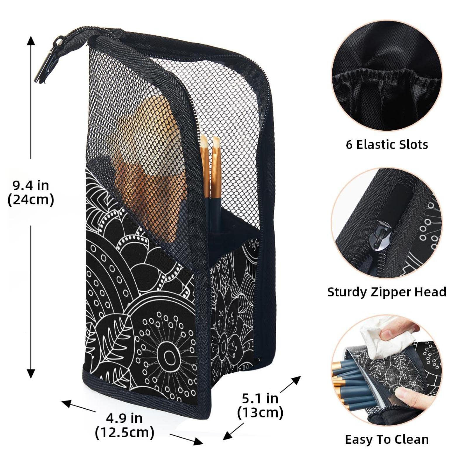 Premium 12-Piece Makeup Brush Organizer Bag with Black Daisy Floral Design - Portable Travel Cosmetic Brush Holder Case for Professional Artists & Home Beauty Storage