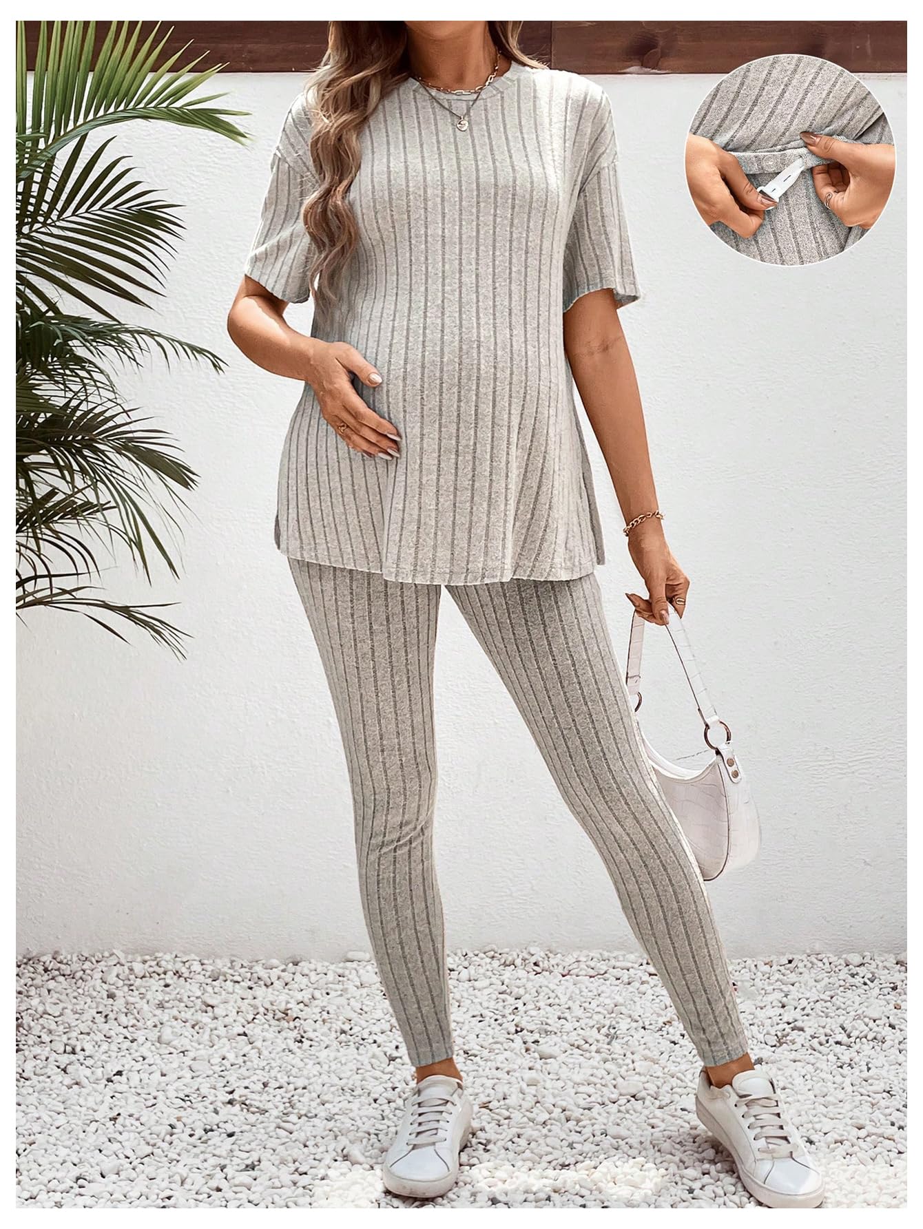 MakeMeChic Women's Maternity 2-Piece Pajama Set - Soft Rib Knit Split Tee Top & Lounge Pants for Pregnancy Comfort - Perfect for Sleeping, Relaxing at Home & Postpartum Recovery