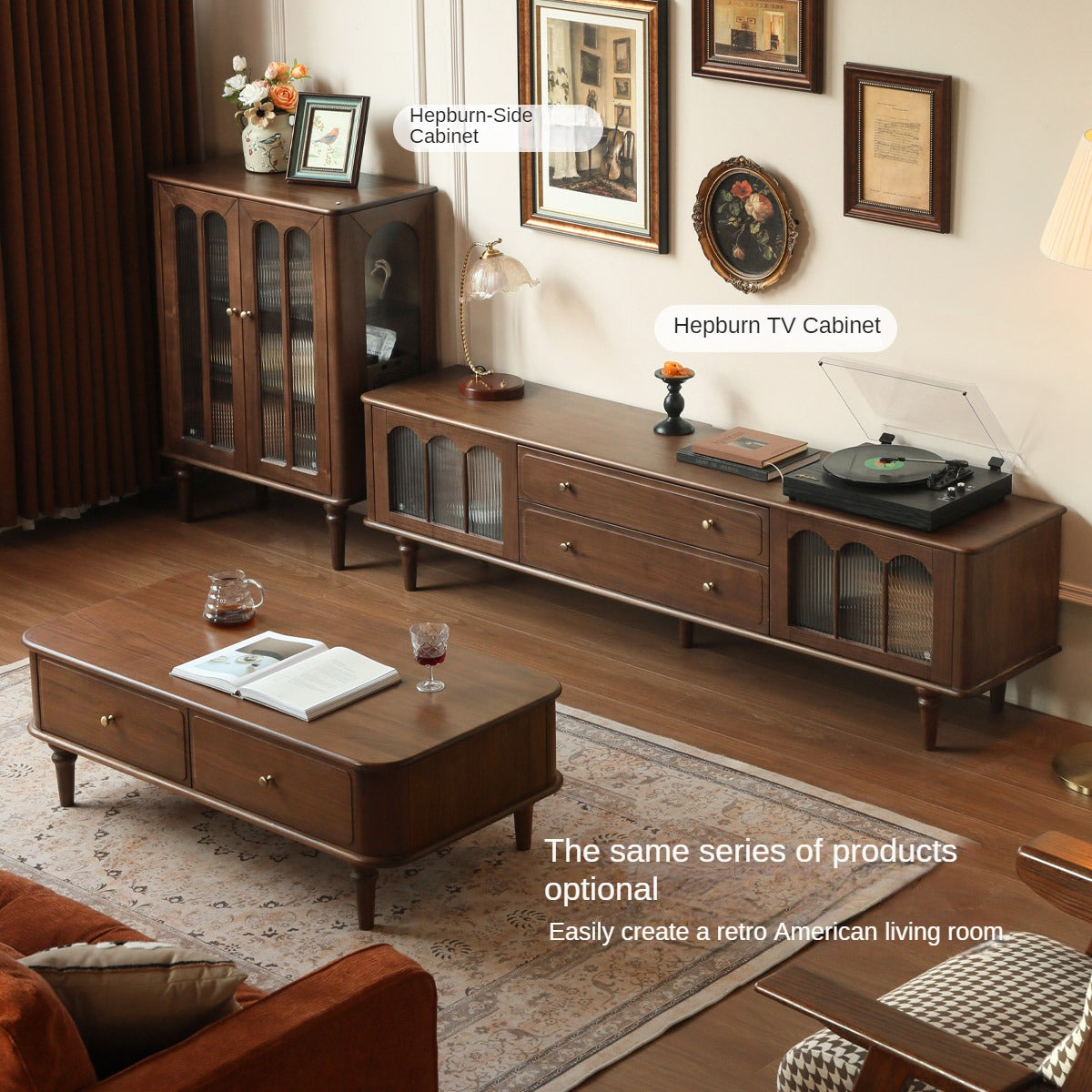 Solid Black Walnut Coffee Table & TV Stand Set - American Retro Style Living Room Furniture for Home Decor