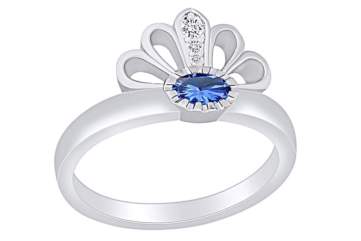 AFFY Simulated Blue Sapphire & White Natural Diamond Crown Ring for Women - Elegant Wedding, Engagement, Anniversary Jewelry Gift - Perfect for Special Occasions & Evening Events