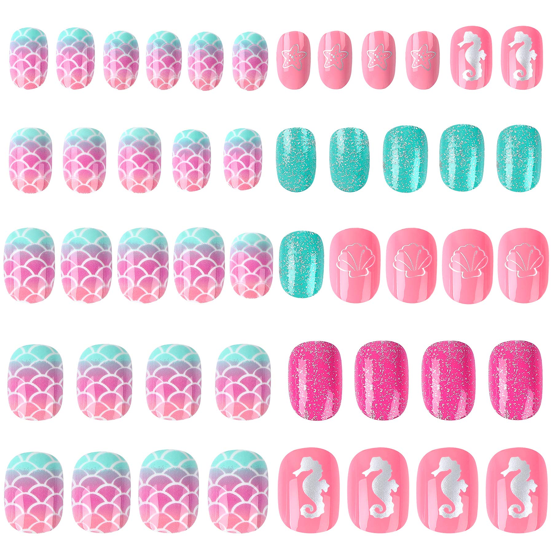 48 Pcs Kids Fake Nails with Glue - Short Gradient Press on Nails for Girls, Pink Ocean Design - Perfect for Birthday Parties, Playdates & Dress Up