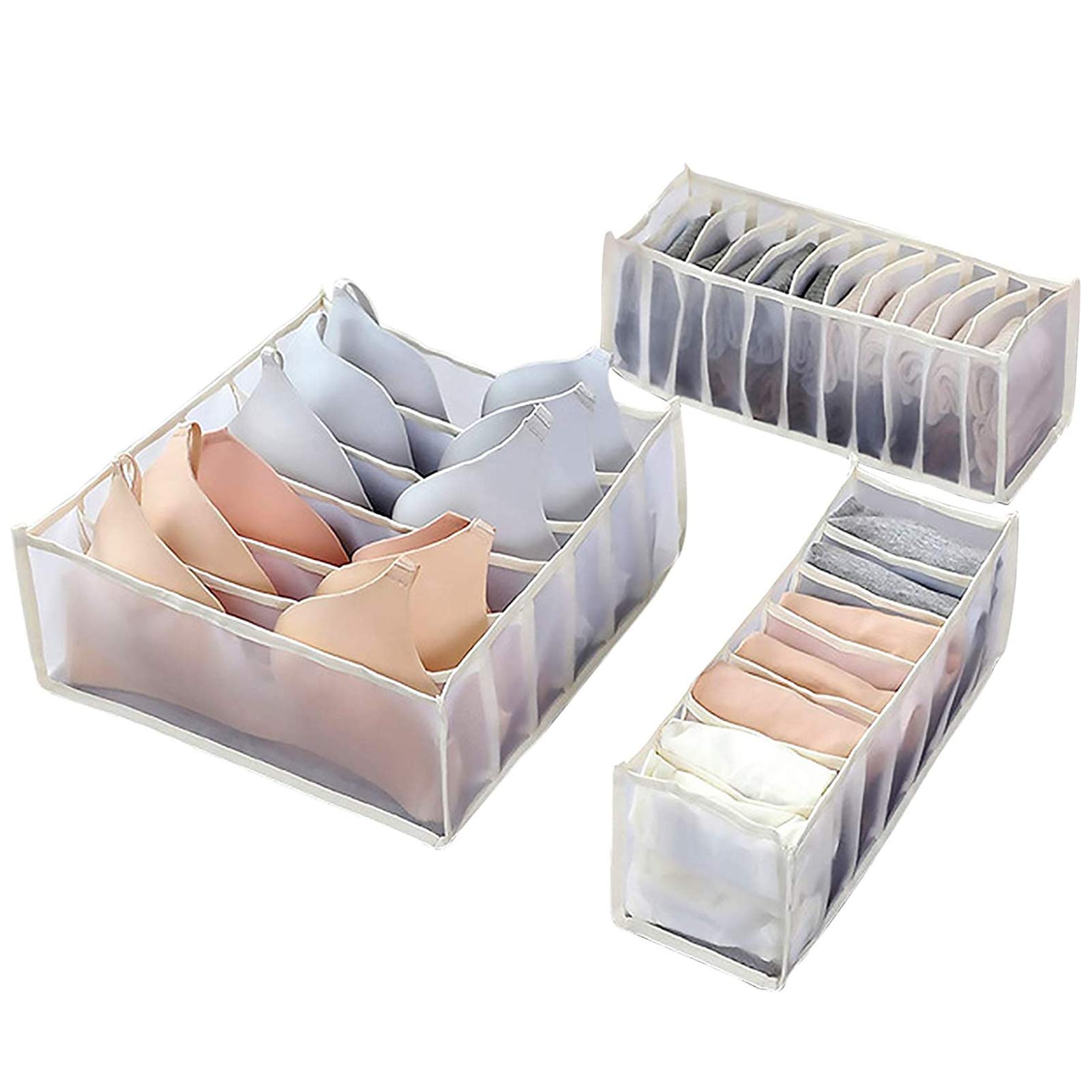Meltset M Underwear Storage Box Organizer - Foldable Closet Drawer Divider for Socks, Ties, Scarves, Bras & Handkerchiefs | Beige 6+7+11 Grid Compartment | Perfect for Bedroom, Closet & Travel Organization