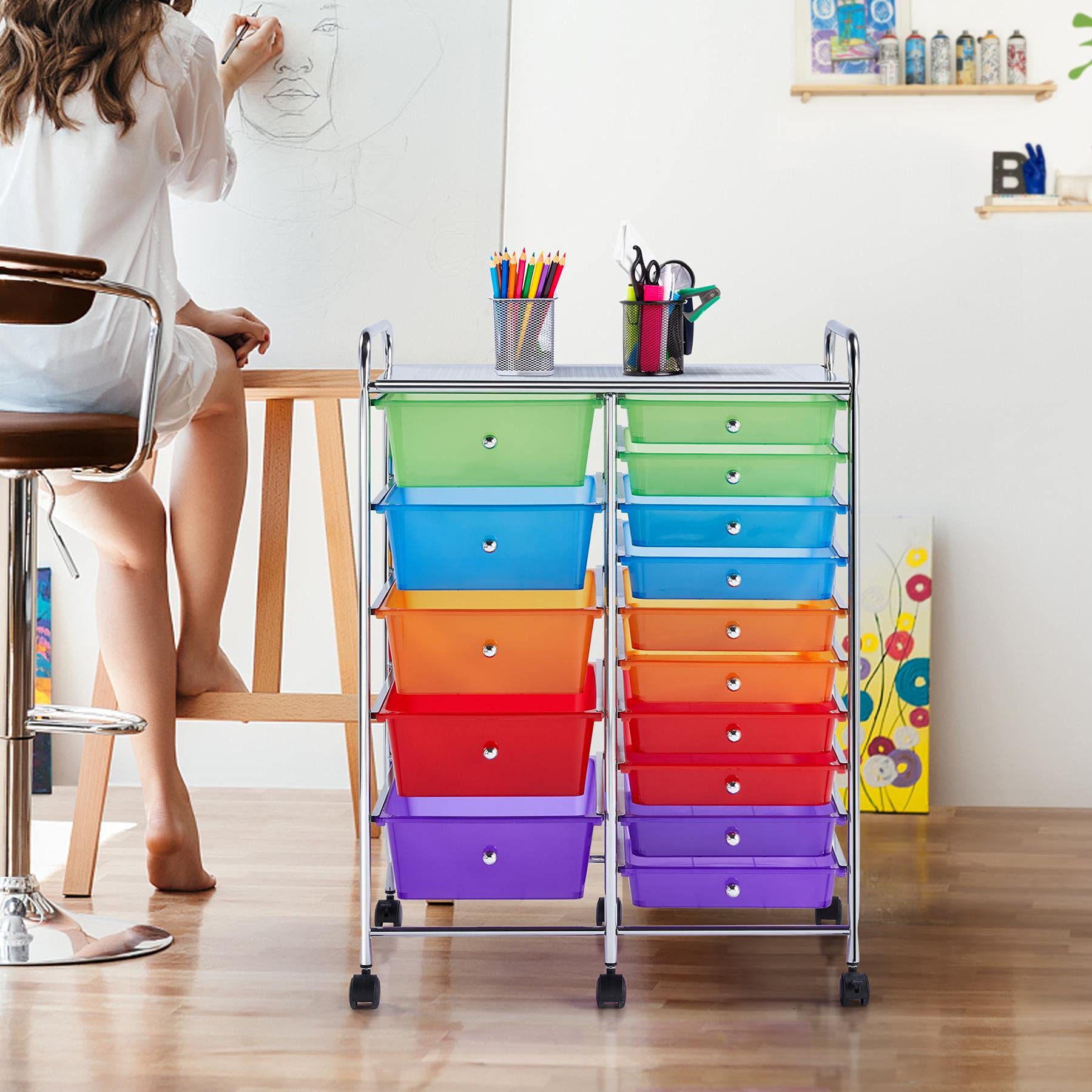 Yaheetech 15-Drawer Rolling Cart - Mobile Storage Organizer for Craft Supplies & Tools