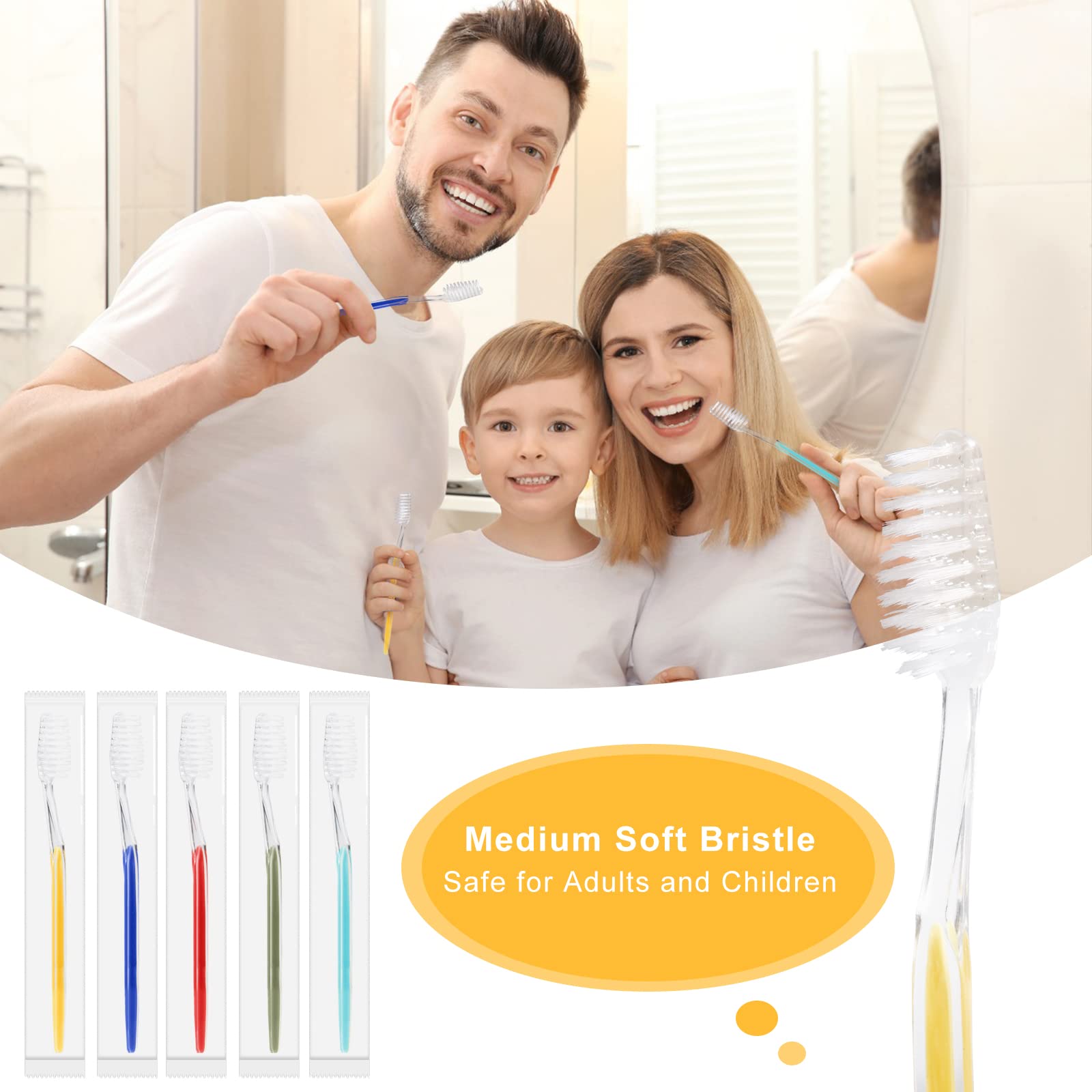 Homvle 100 Pack Disposable Toothbrushes - Individually Wrapped Medium Soft Bristle Travel Toothbrushes for Adults & Kids | Bulk Hotel Toiletries in 5 Colors | Perfect for Travel, Camping, and Emergency Kits