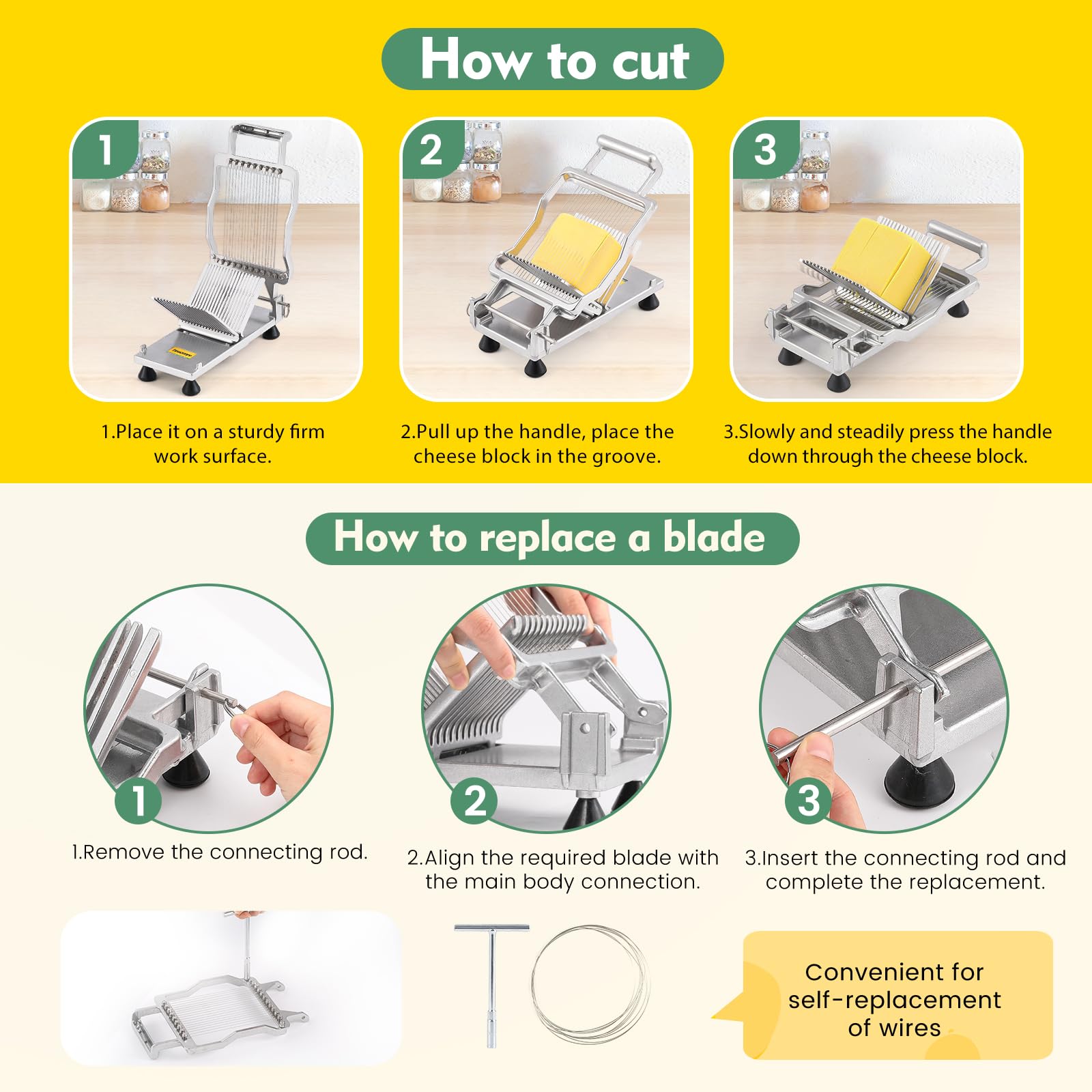 Huanyu Commercial Cheese Slicer with 316 Stainless Steel Wire & Aluminum Alloy Body - Removable 1/5 Inch Butter Cutting Blade for Block Cheeses - Perfect for Delis, Restaurants, and Home Kitchens