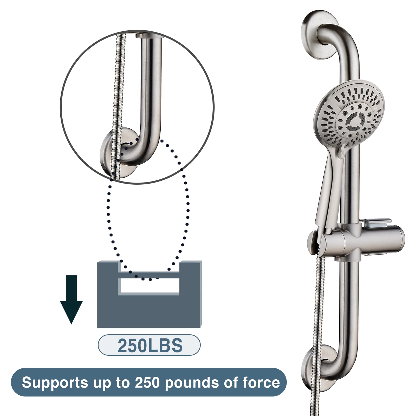 Stainless Steel Grab Bar with Slide Rail - Brushed Nickel Shower Safety Handle with Handheld Shower Head & 5ft Hose - Ideal for Elderly Bathroom Safety & Accessible Shower Installations