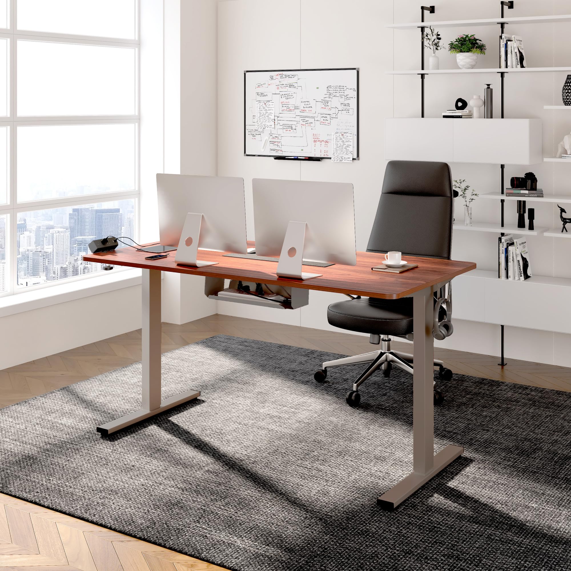 FlexiSpot EN2 Electric Standing Desk 48 x 30 Inches - Height Adjustable Whole-Piece Stand Up Desk with Clamp Power Strip & Cable Management (Gray Frame, Mahogany Top) - Perfect for Home Office, Gaming Setup & Workspace Ergonomics