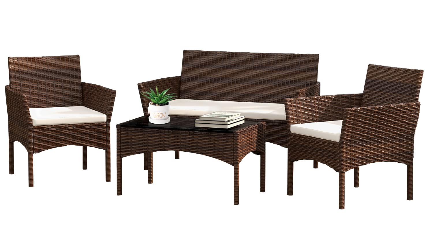 4-Piece Outdoor Patio Furniture Set - Rattan Chairs with Table - Weather-Resistant Brown Wicker for Backyard, Porch, Poolside, Balcony & Garden - Perfect for Relaxing, Entertaining & Outdoor Dining