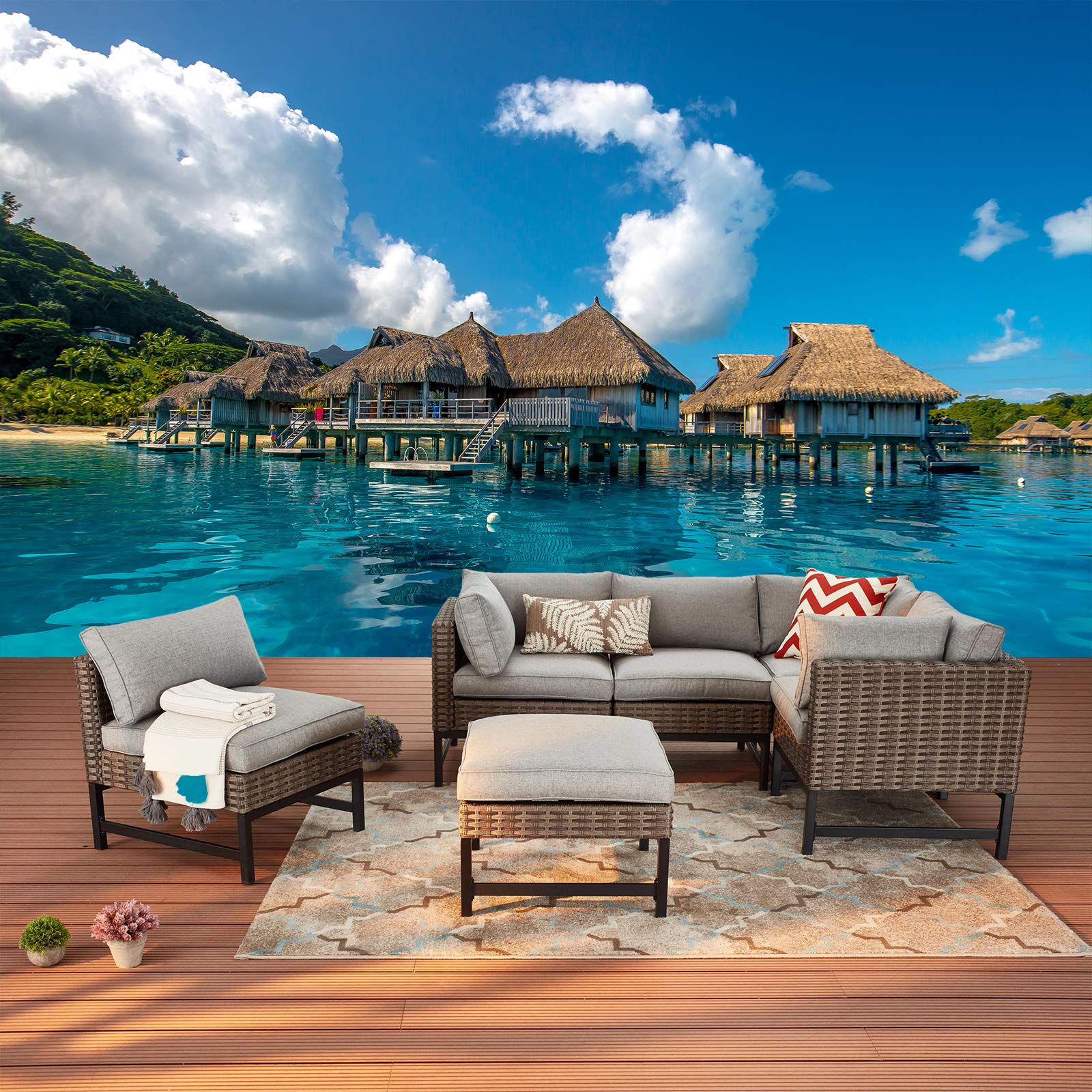6-Piece Outdoor Patio Furniture Set - Wicker Sectional Sofa with Metal Frame, Thick Cushions & Ottoman (Gray) - Perfect for Garden, Poolside, and Backyard Relaxation