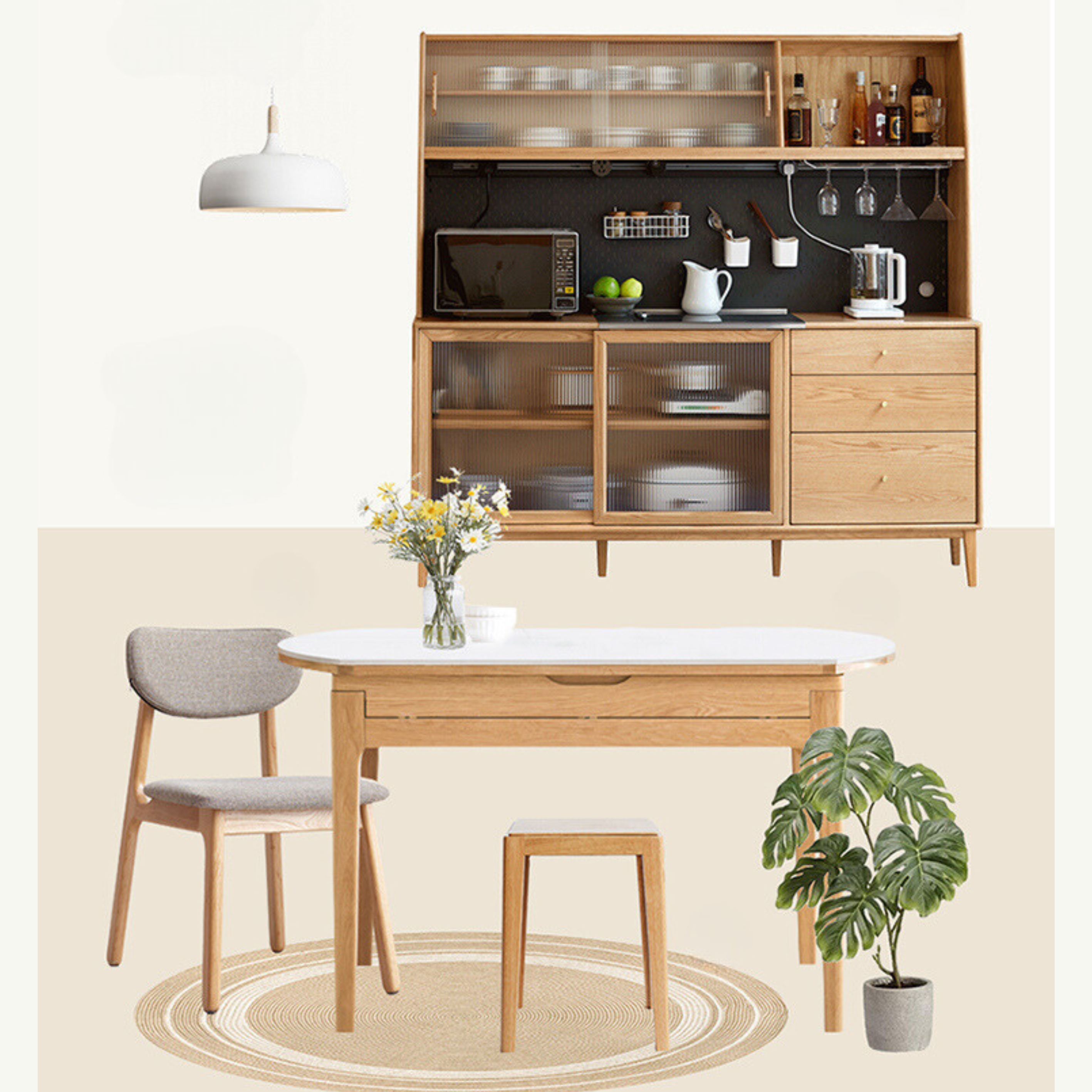 Solid Oak Round Folding Dining Table with Natural Stone Slab Top - Perfect for Small Spaces, Outdoor Dining & Home Decor