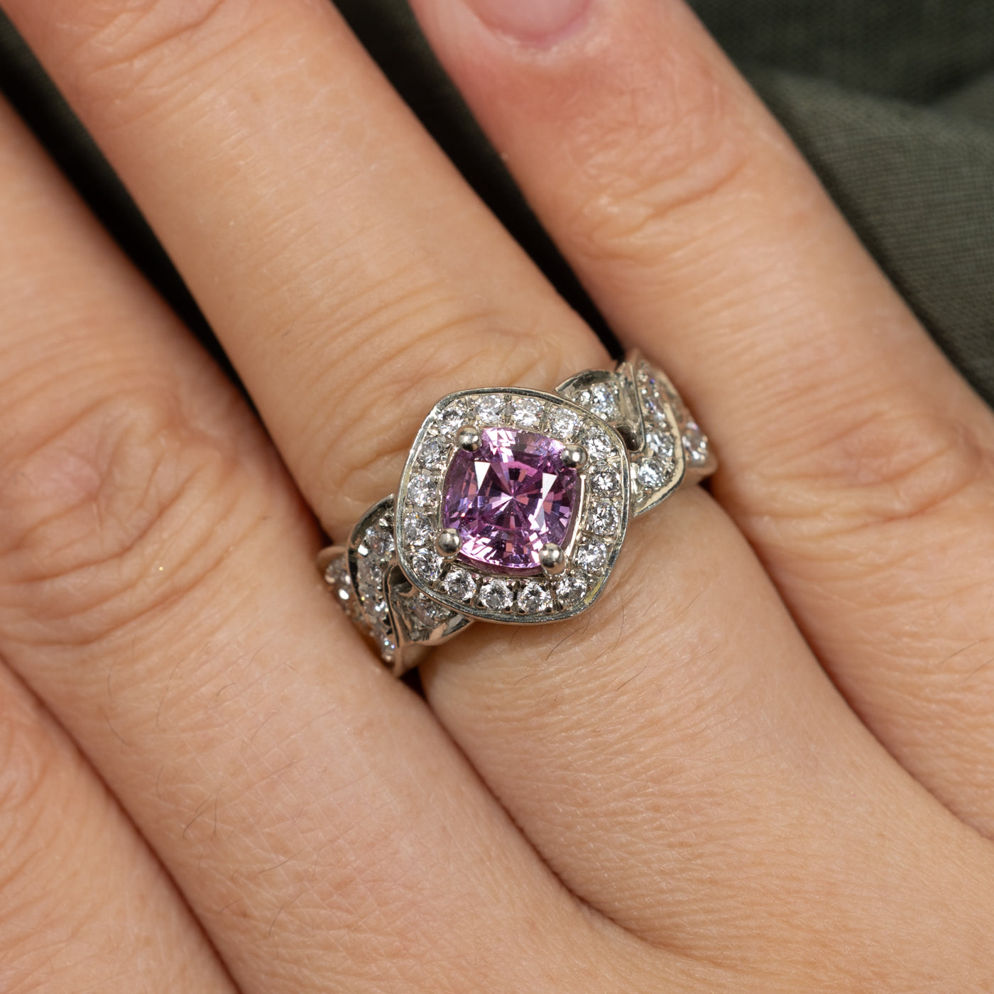 Pink Sapphire & Diamond Halo Crossover Ring 2.00ctw 0.90ctw Size 5.75 - Elegant Engagement Wedding Gift for Her