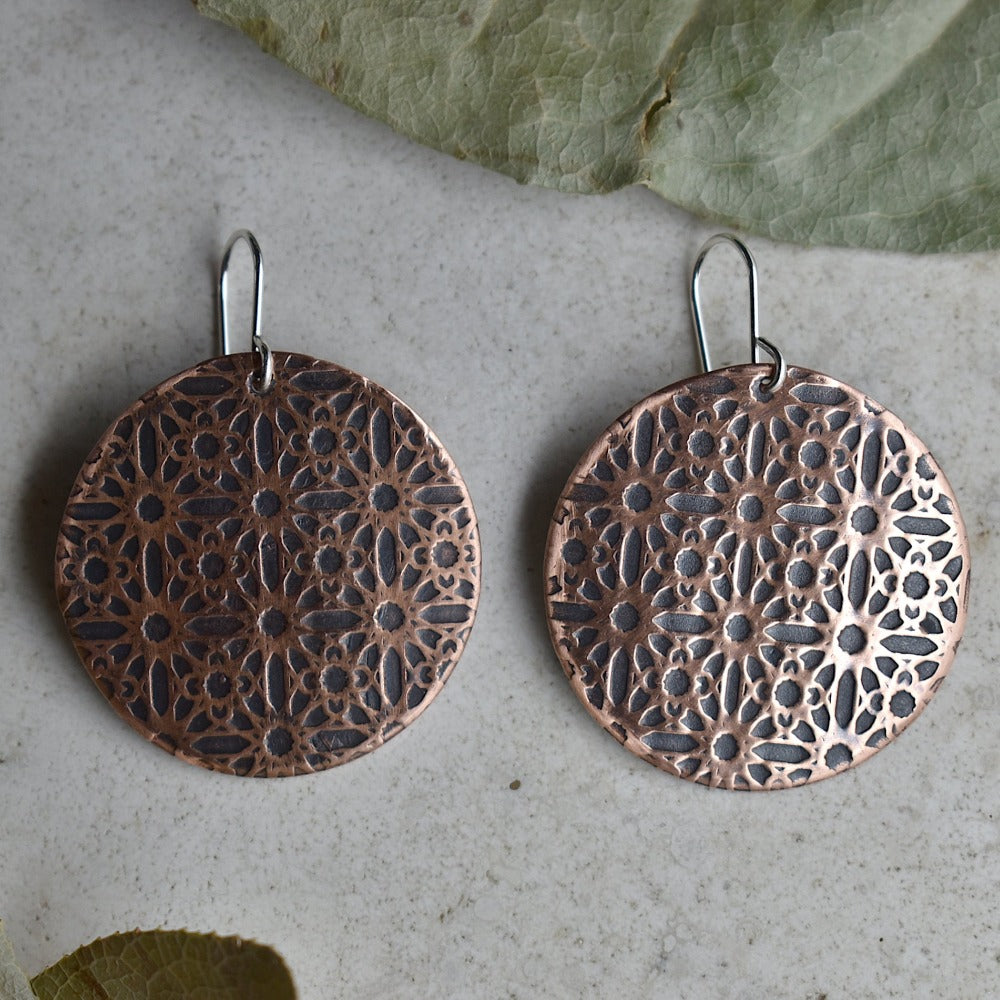 Stylish Large Copper Disc Drop Earrings with Lines & Circles Design - Perfect for Parties, Weddings & Everyday Elegance
