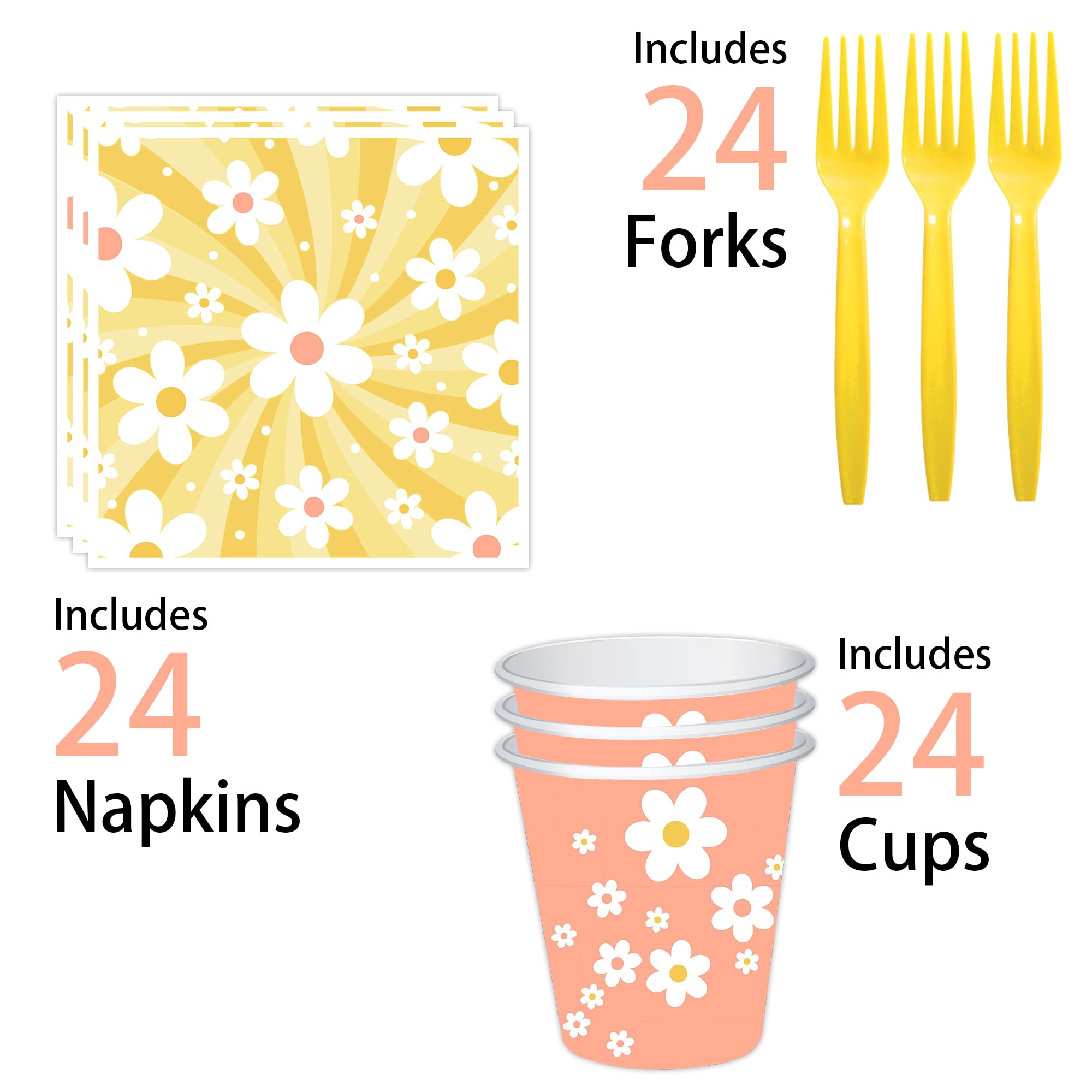 120 Pcs Daisy Party Decorations Set - Disposable Dinnerware Plates, Napkins, Cups & Forks - Food Grade Flower Theme Birthday Party Supplies - Serves 24 Guests - Perfect for Garden Parties, Baby Showers & Spring Celebrations