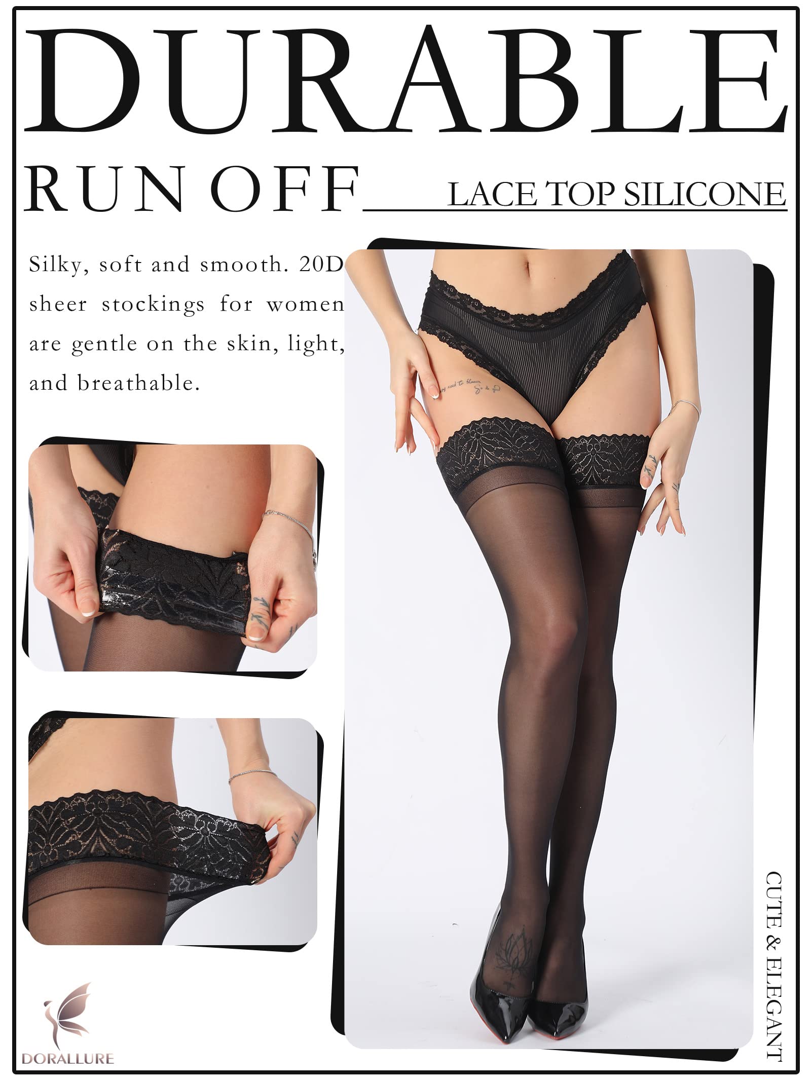 DORALLURE Women's Thigh High Stockings - Silicone Lace Top Stay-Up Silky Semi-Sheer Pantyhose with Nylon Hold-Up Technology | Perfect for Office, Date Night & Special Occasions