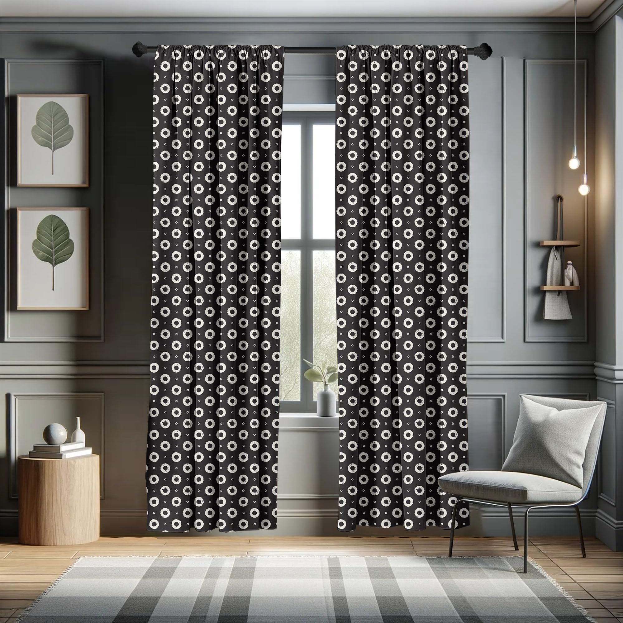 Ambesonne Black and White Geometric Donut Pattern Curtains - Hand-Painted Style Window Treatments, 2 Panels Set (28