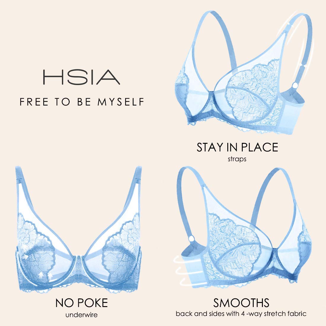 HSIA Women's Minimizer Bras - Full Coverage Lace Underwire Bra for Heavy Breasts, Plus Size Support, Comfortable Unlined Bra for Everyday Wear & Workout
