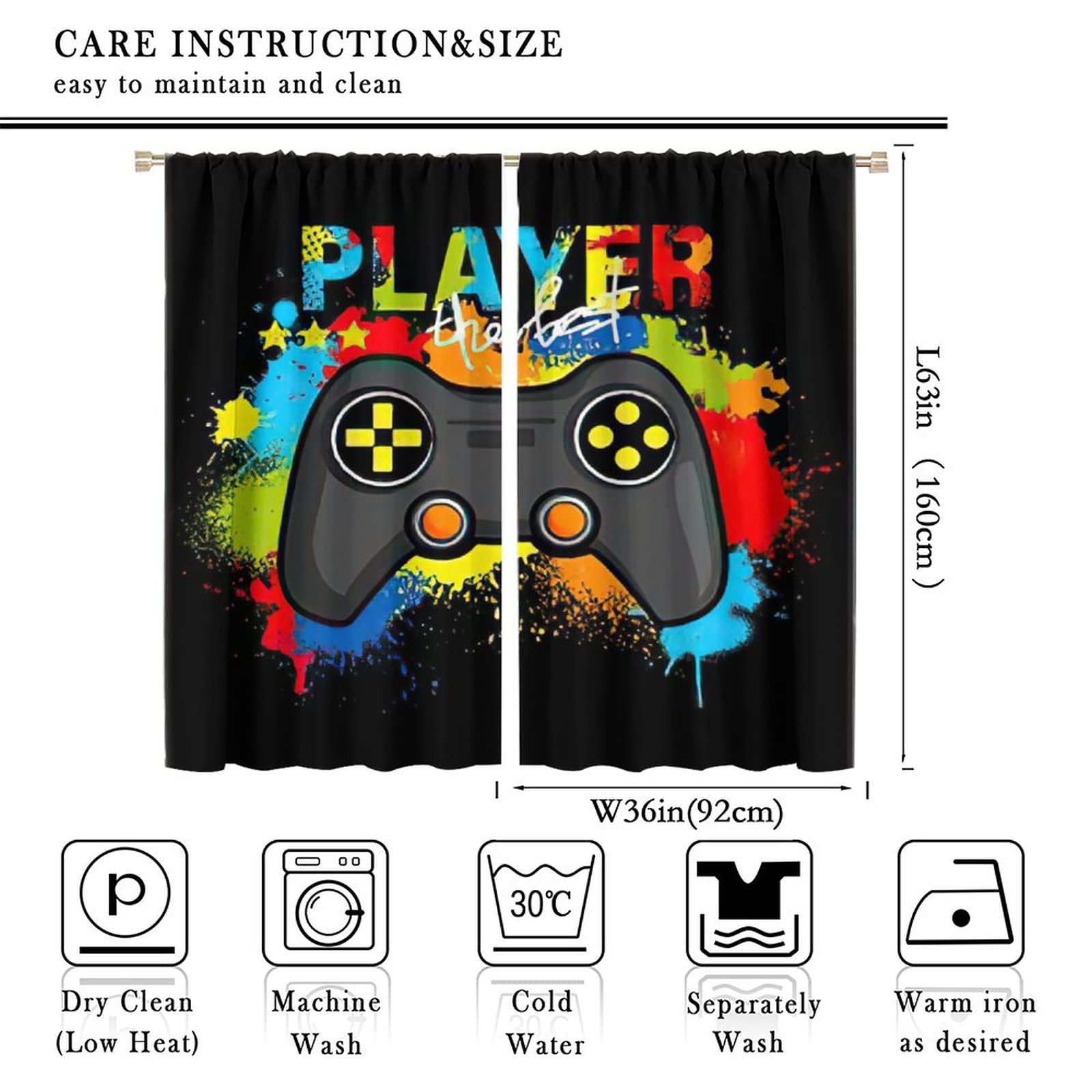 Colorful Game Joystick Window Curtains for Gaming Room - Blackout Rod Pocket Drapes 72x63 Inch for Boys Girls Teens Bedroom - Perfect for Gamers, Man Cave & Darkening Bedroom Windows