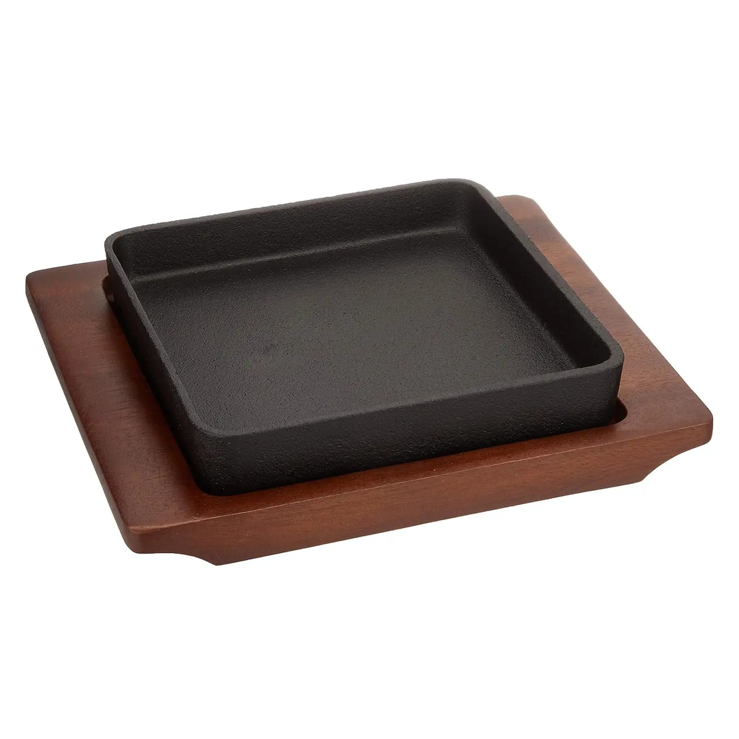 Premium Ikenaga Cast Iron Square Sizzler Platter for Steak, Fajitas & Hot Dishes - Rustic Wood Serving Board for Sizzling Meals & Restaurant-Style Presentation