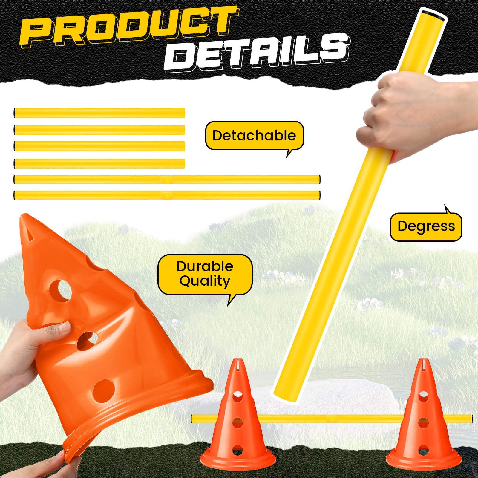 Premium Dog Agility Training Set - 12 Cones & 6 Adjustable Rods for Backyard Obstacle Courses | Professional Pet Exercise Equipment for Outdoor Games & Competition Practice (Yellow)