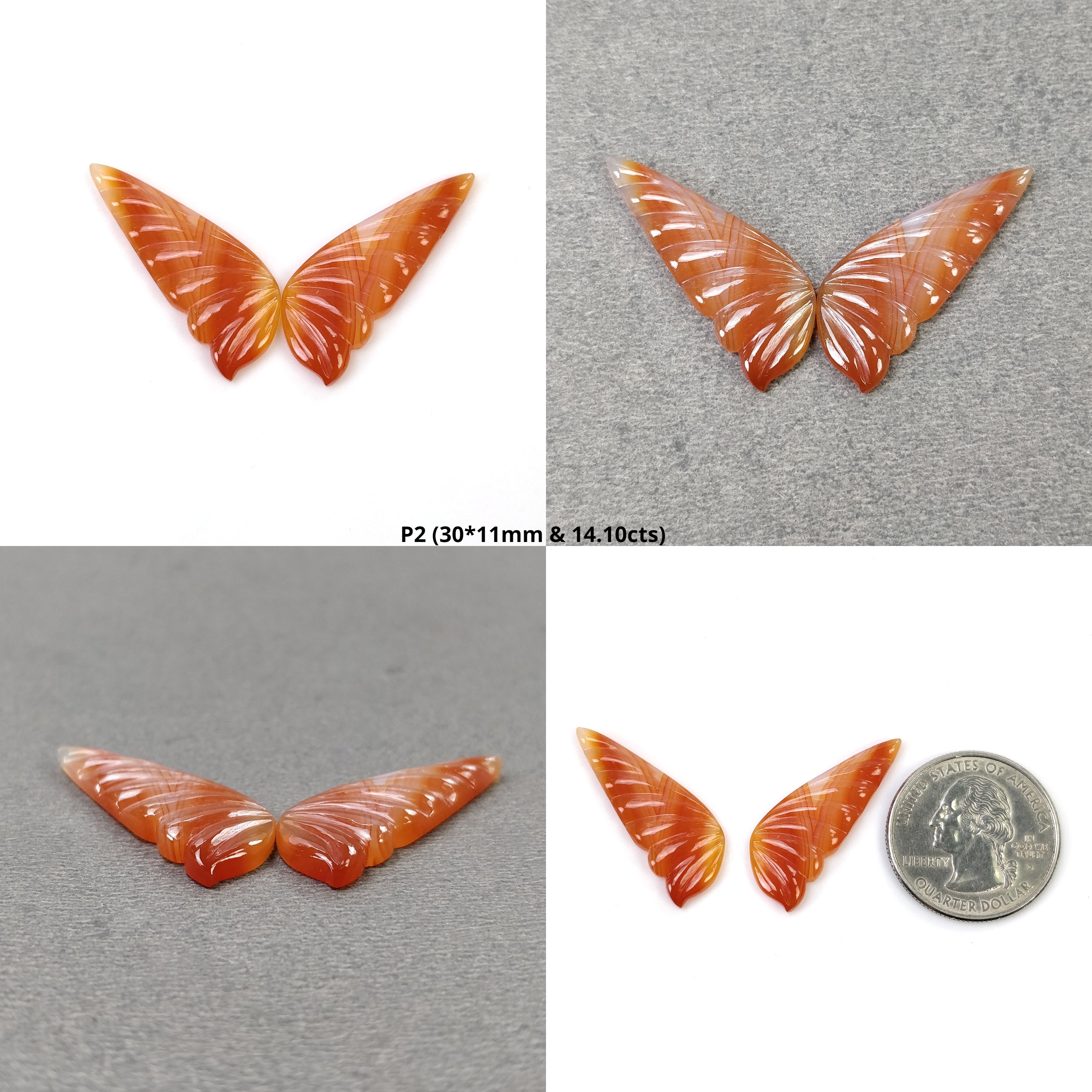 Natural Untreated Botswana Striped Agate Gemstone Hand Carved Butterfly - Bi-Color Agate Jewelry (28x12mm & 33x13mm Pair) for Jewelry Making, Collection & Spiritual Healing